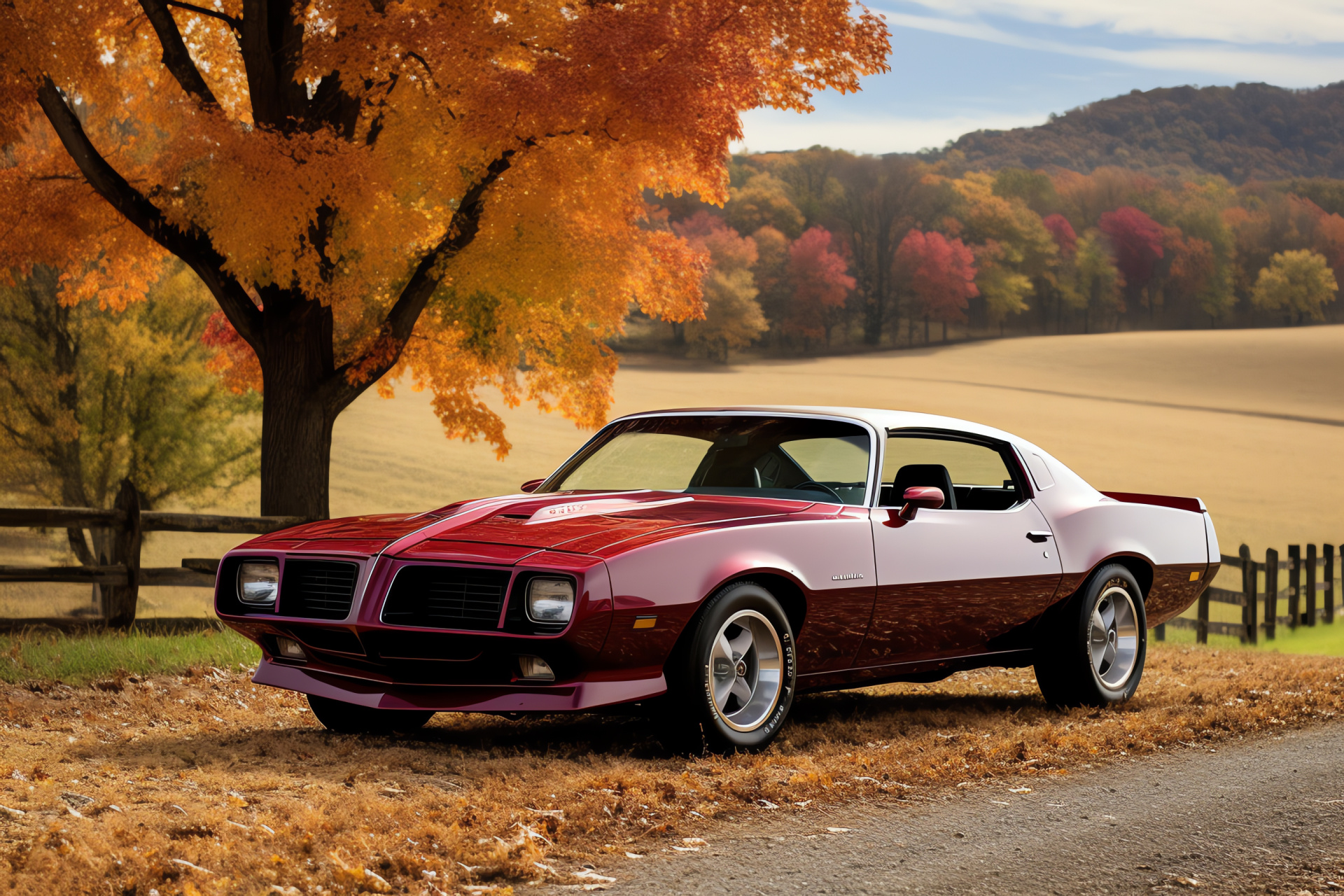 Burgundy Firebird, Serene countryside, Classic Esprit model, Fall foliage accompaniment, Nostalgic ride, HD Desktop Image