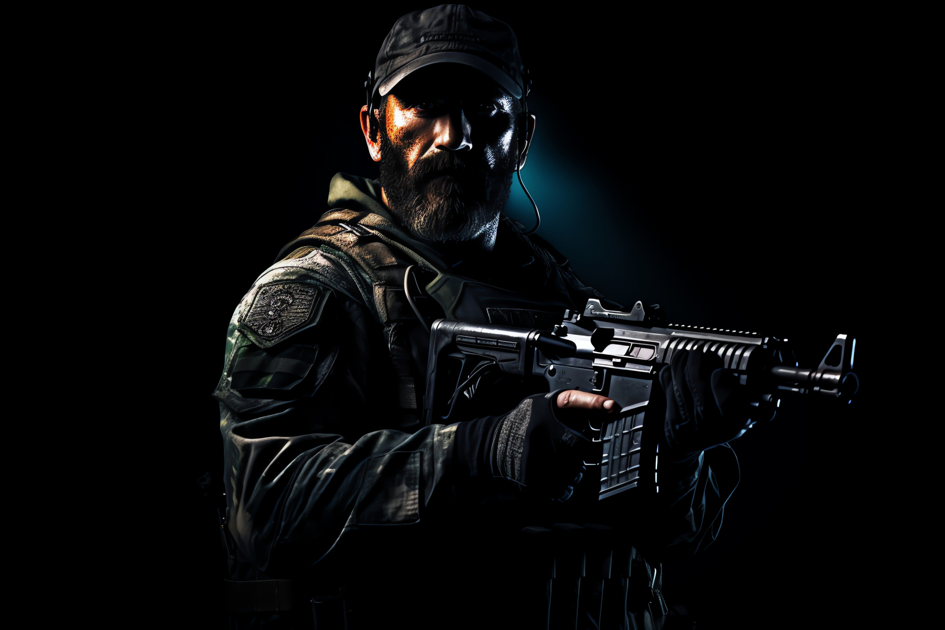 Captain Price Stance, Focused blue eyes, Battle-hardened look, Classic sidearm, Monochromatic theme, HD Desktop Wallpaper