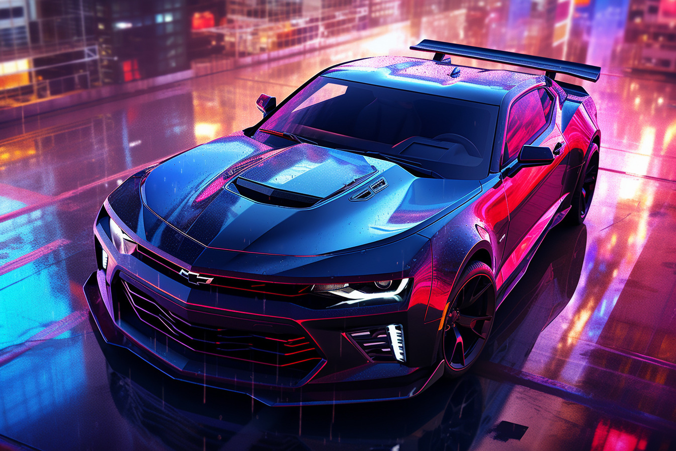 Street Racing Cars, Chevrolet Camaro ZL1, Urban dreamscape, Skyward angle, Vibrant neon, HD Desktop Image