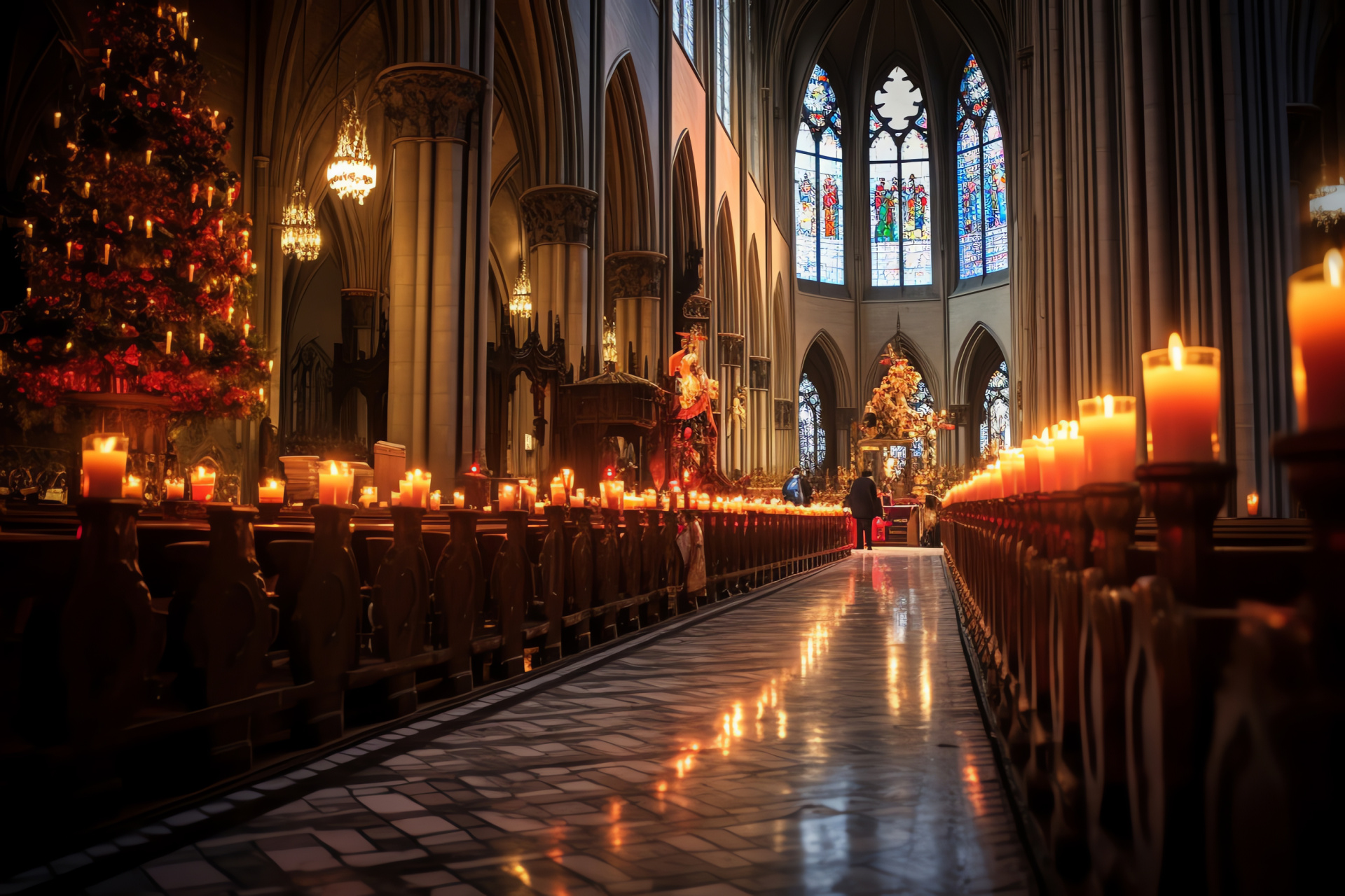 Cathedral Yule masses, celebratory religious site, architectural grandeur, hymns of joy, colorful window art, HD Desktop Image