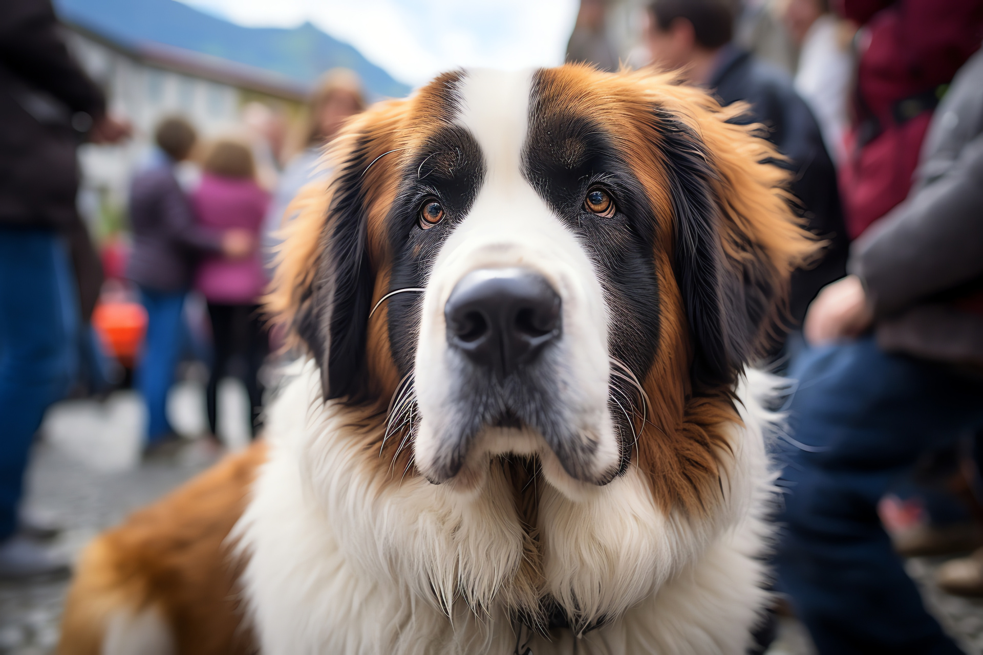 Swiss Alpine rescuer, soulful blue gaze, insulated fur layers, tricolored coat, robust build, HD Desktop Wallpaper