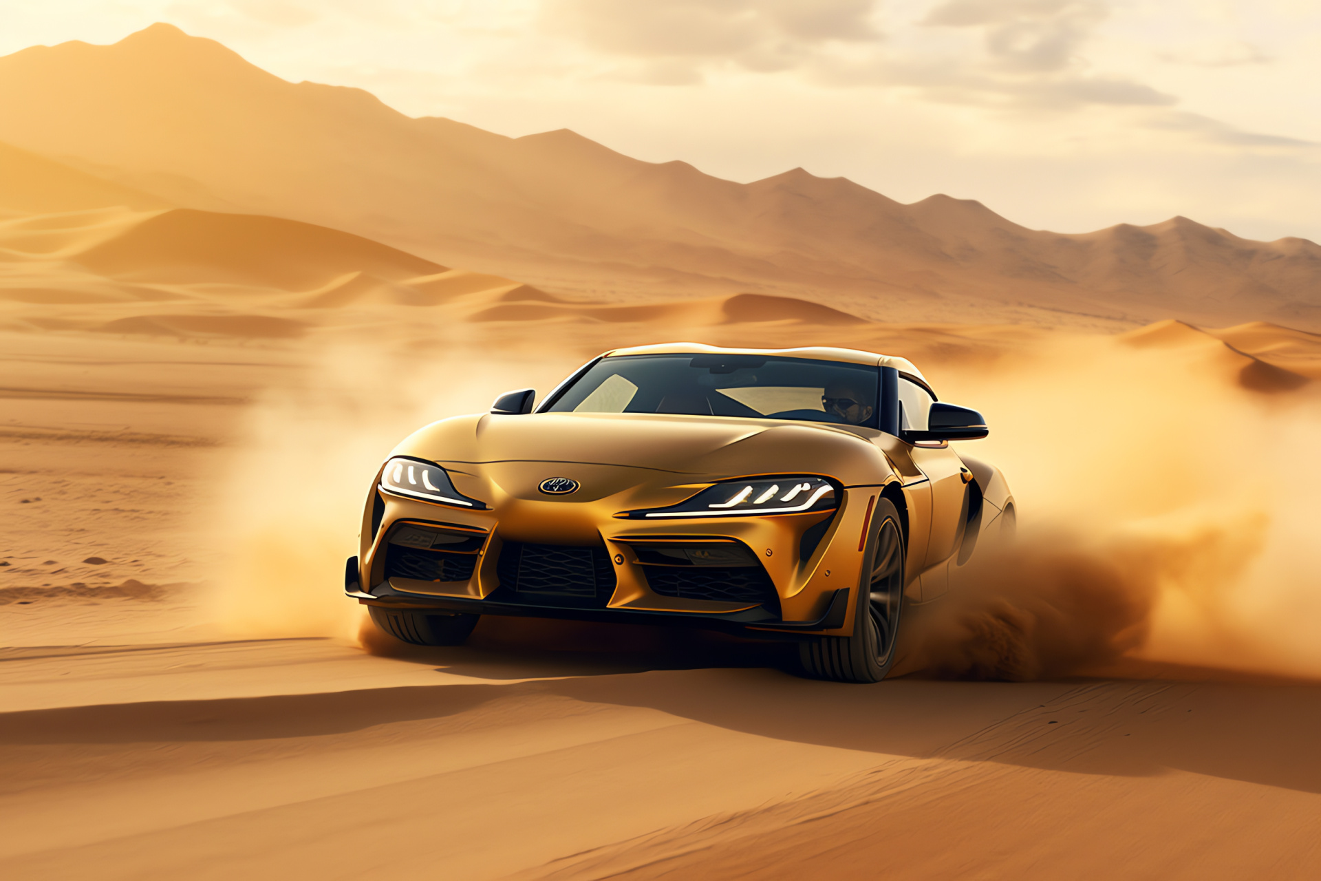 Toyota Supra desert challenge, GR A90 model, Sand dune backdrop, Desert driving scene, Evening sunlight reflections, HD Desktop Wallpaper