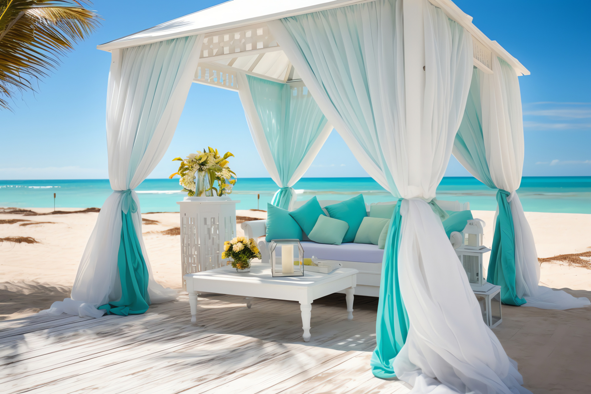 Beachside anniversary, Gazebo by the sea, White drape elegance, Tropical flora, Seaside celebration, HD Desktop Image