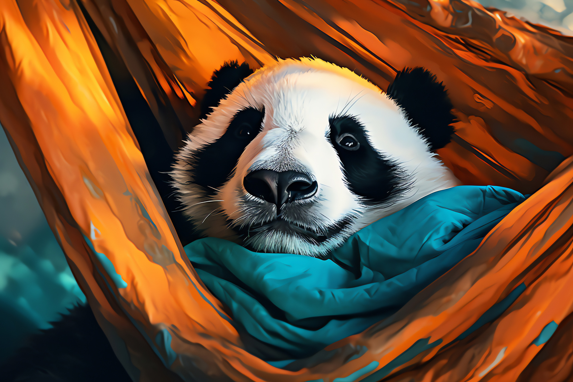 Panda, black eyes, comfort habitat, tranquil expression, lush fur, HD Desktop Image