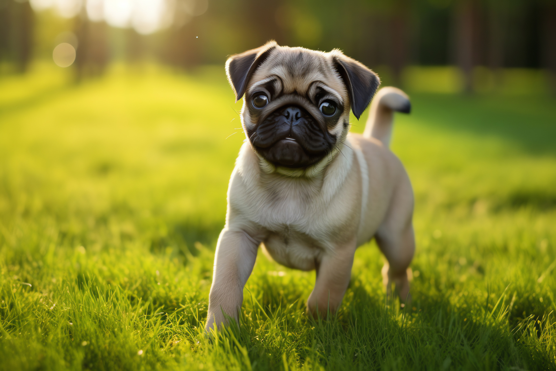 Pug puppy with glossy coat, Silver-colored small dog, Short smooth-haired breed, Brown puppy eyes, Serene canine expression, HD Desktop Image