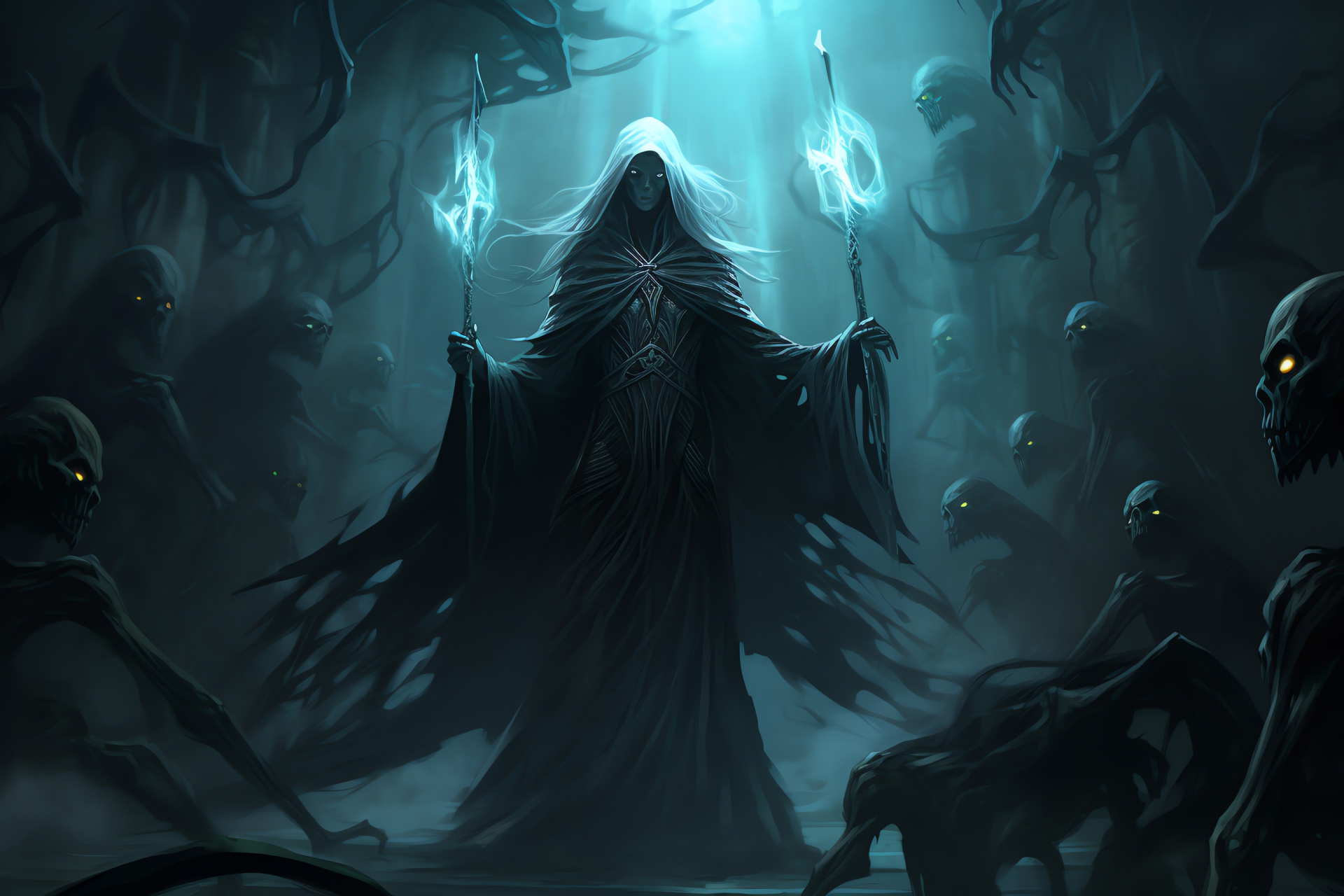 Dark wizard, Magic staff, Summoning undead, Mysterious mage, Sinister robe, HD Desktop Wallpaper