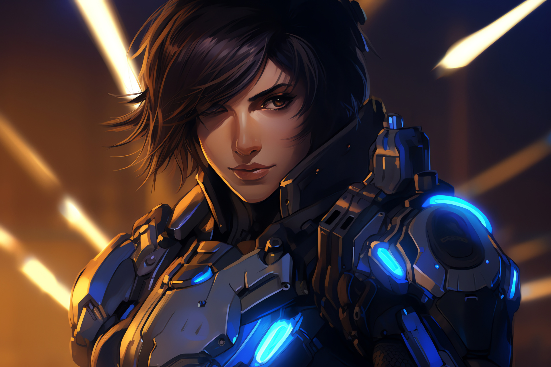 Pharah, Overwatch figure, Pharah's gaze, Rocket ordnance, Luminous traces, HD Desktop Image