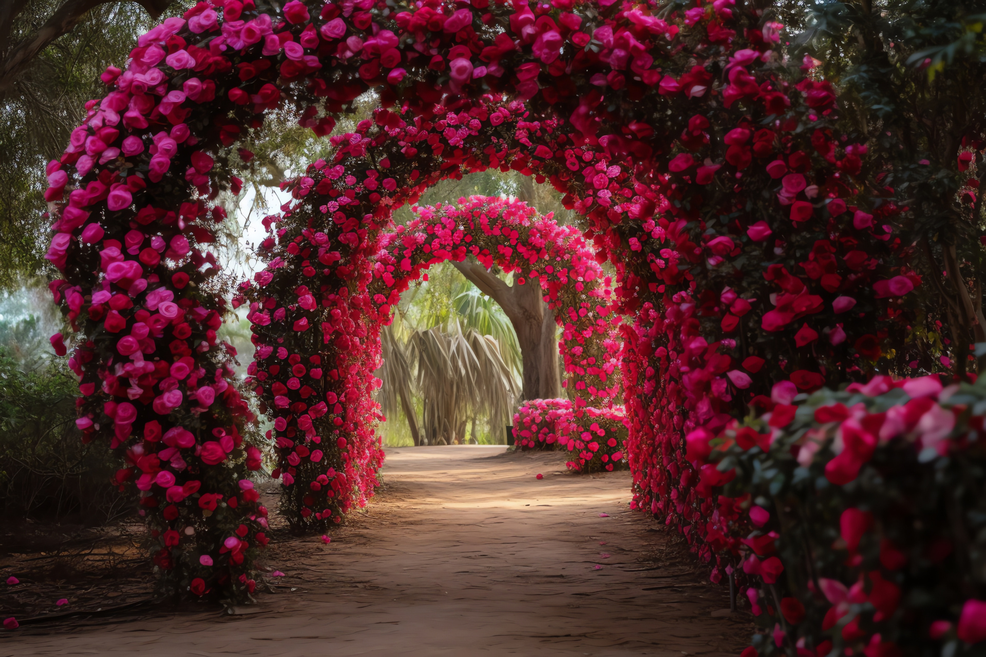 Festive garden, full bloom, rose beds, color spectrum, serpentine trails, HD Desktop Image