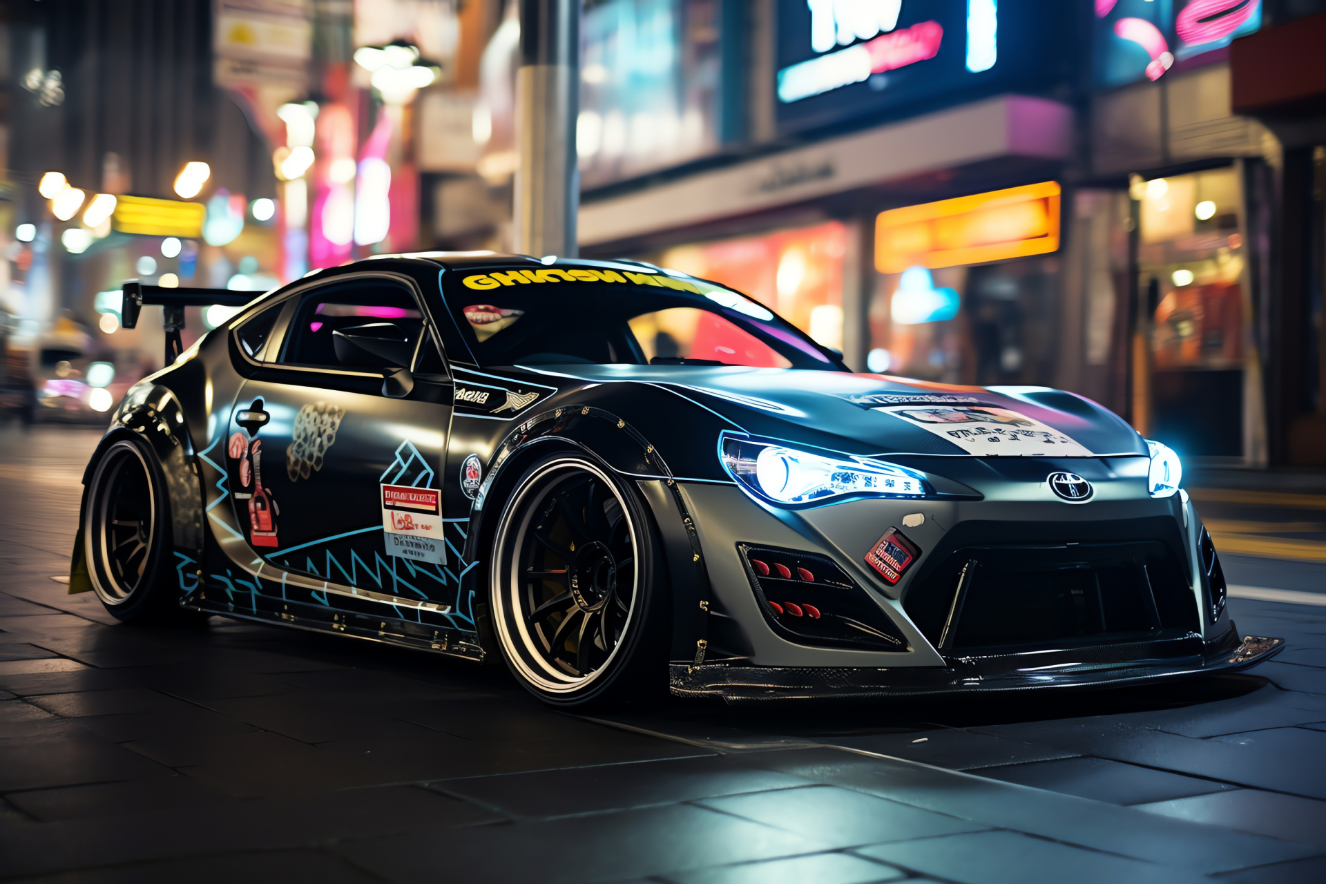 Scion FRS artwork, Anime district, Modified streetcar, Japanese tuner scene, Akihabara visuals, HD Desktop Wallpaper