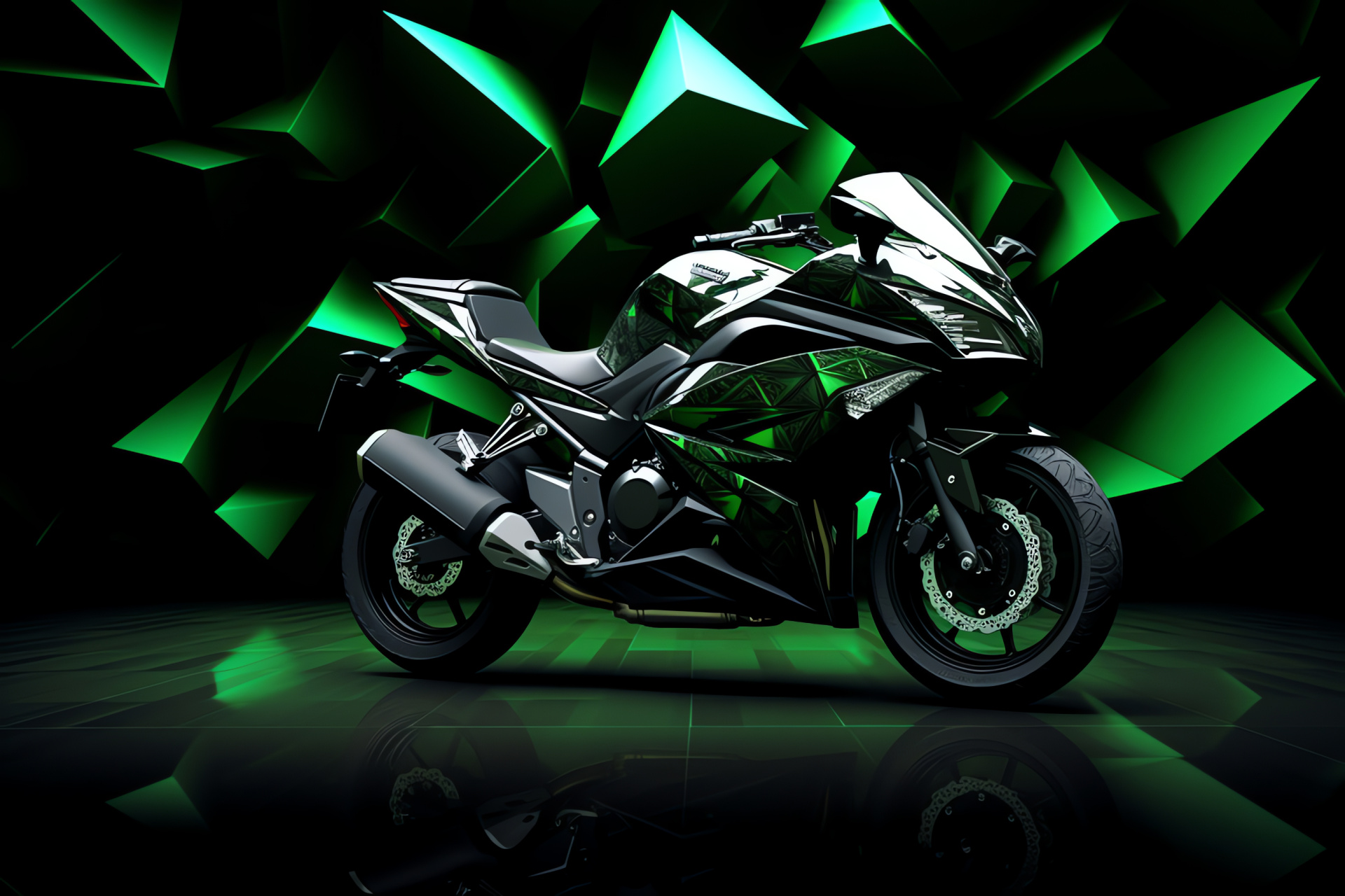 Japanese sports bike, Agile city navigator, Motorcycle aesthetics, Green-black paintwork, Origami-inspired design, HD Desktop Wallpaper