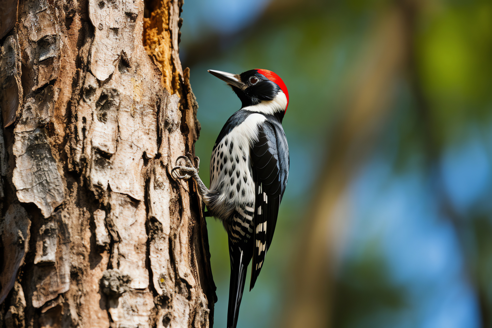 Acorn woodpecker, Forest scene, Woody perch, Tree-trunk foraging, Bird habitat, HD Desktop Wallpaper