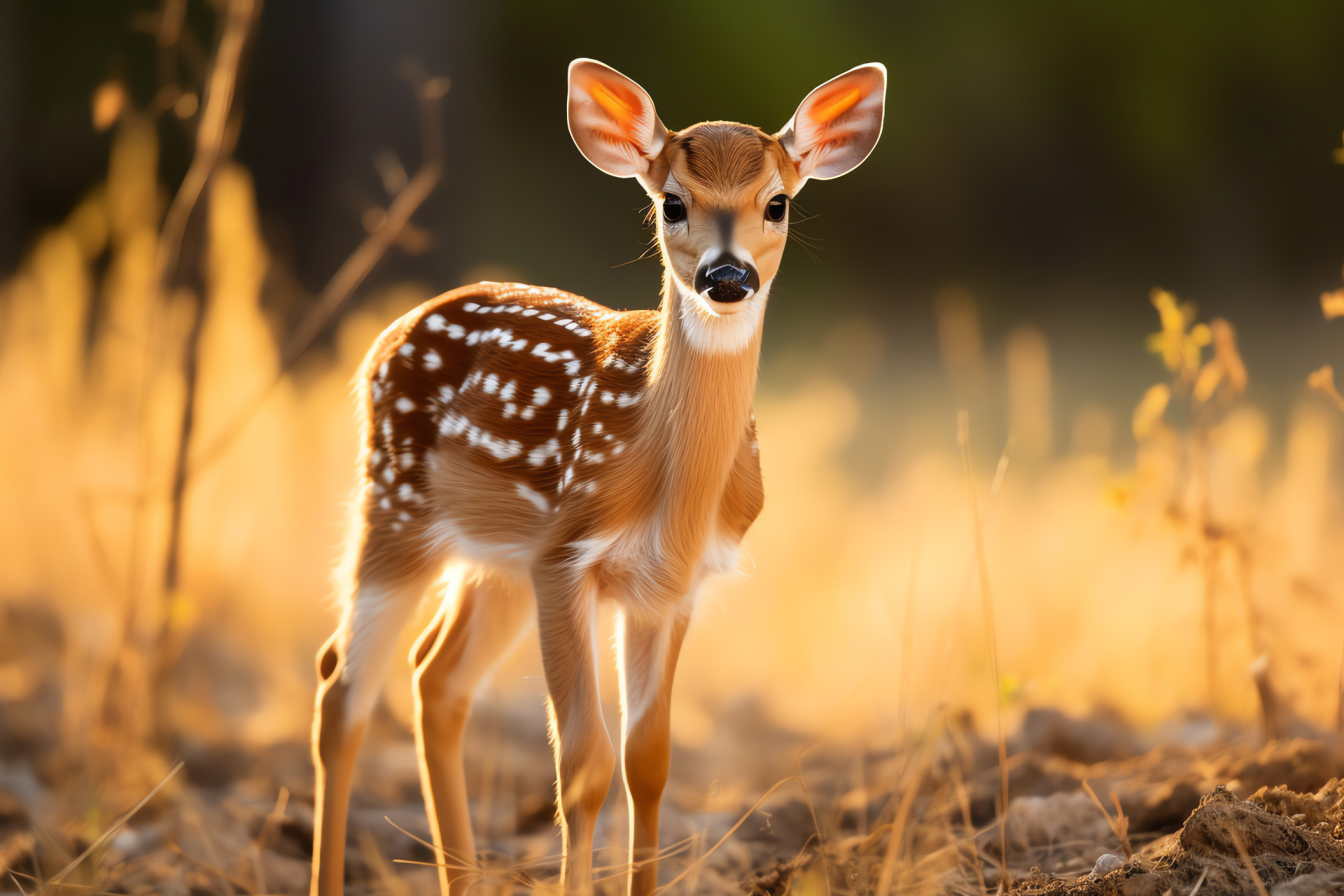 Fawn in field, Young deer, Gentle creature, Spotted fur, Autumn forest, HD Desktop Image