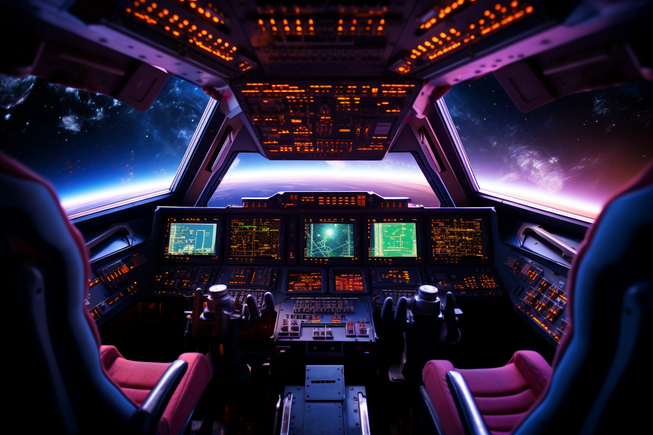 Pilot command center, Shuttle navigation, Instrumentation array, Luminous console reflection, Weightless travels, HD Desktop Image