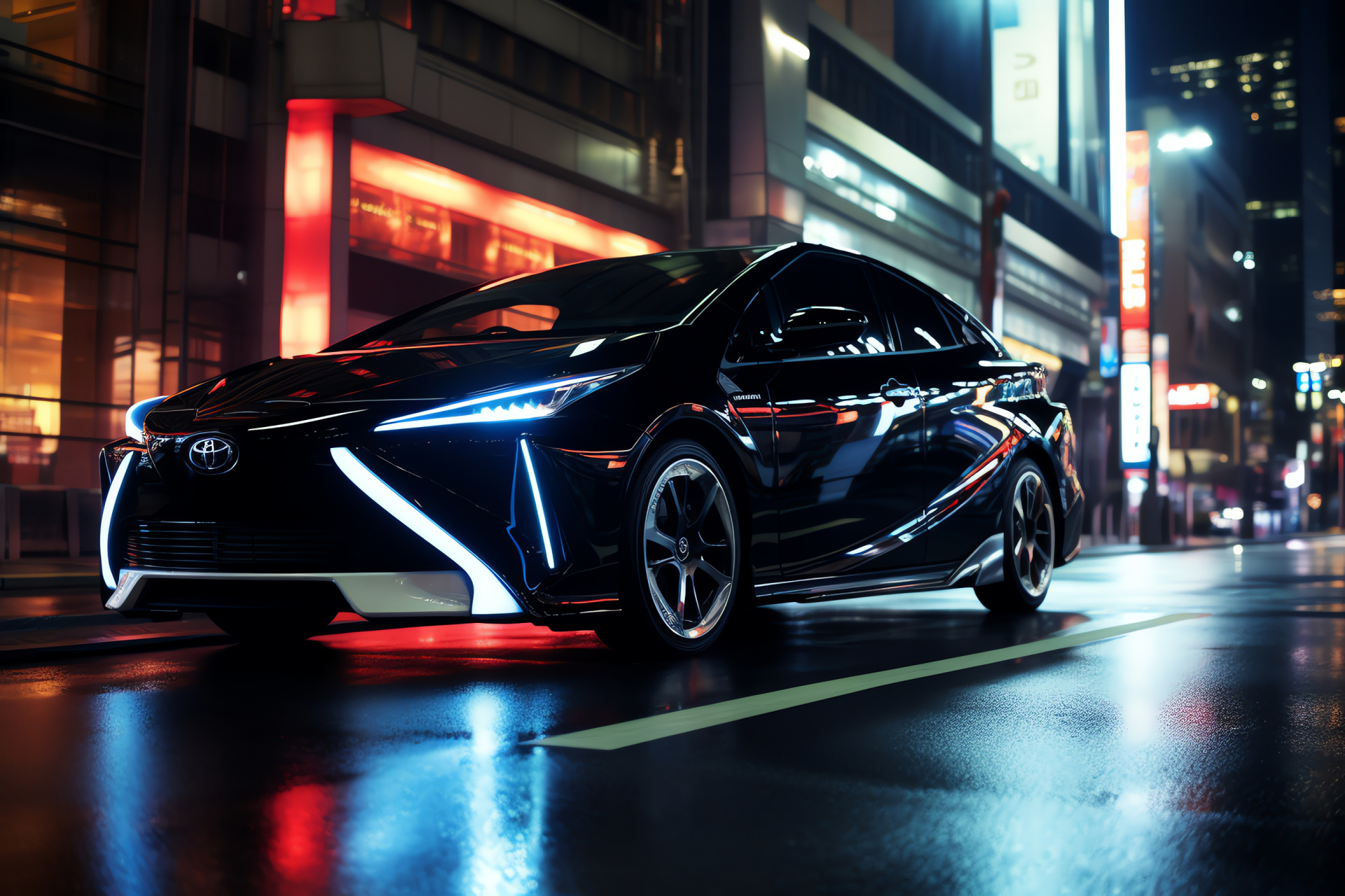 Toyota TRD Prius Hybrid, Tokyo urban setting, Neon-lit ambience, Eco-aware innovation, Futuristic urban architecture, HD Desktop Wallpaper