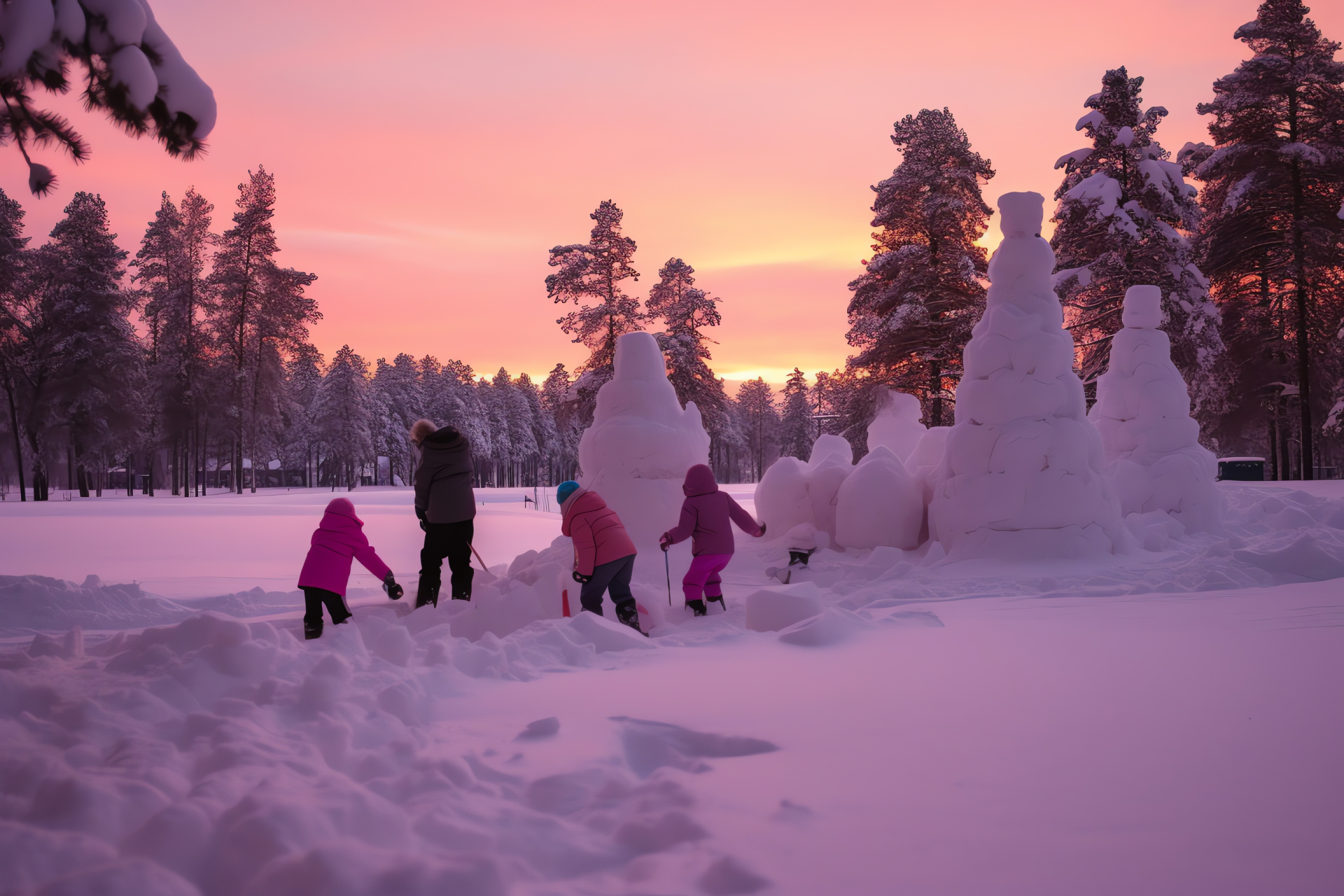 Seasonal Solstice celebration, Wintry scenery, Dusky light, Evening pink sky, December landscape, HD Desktop Image