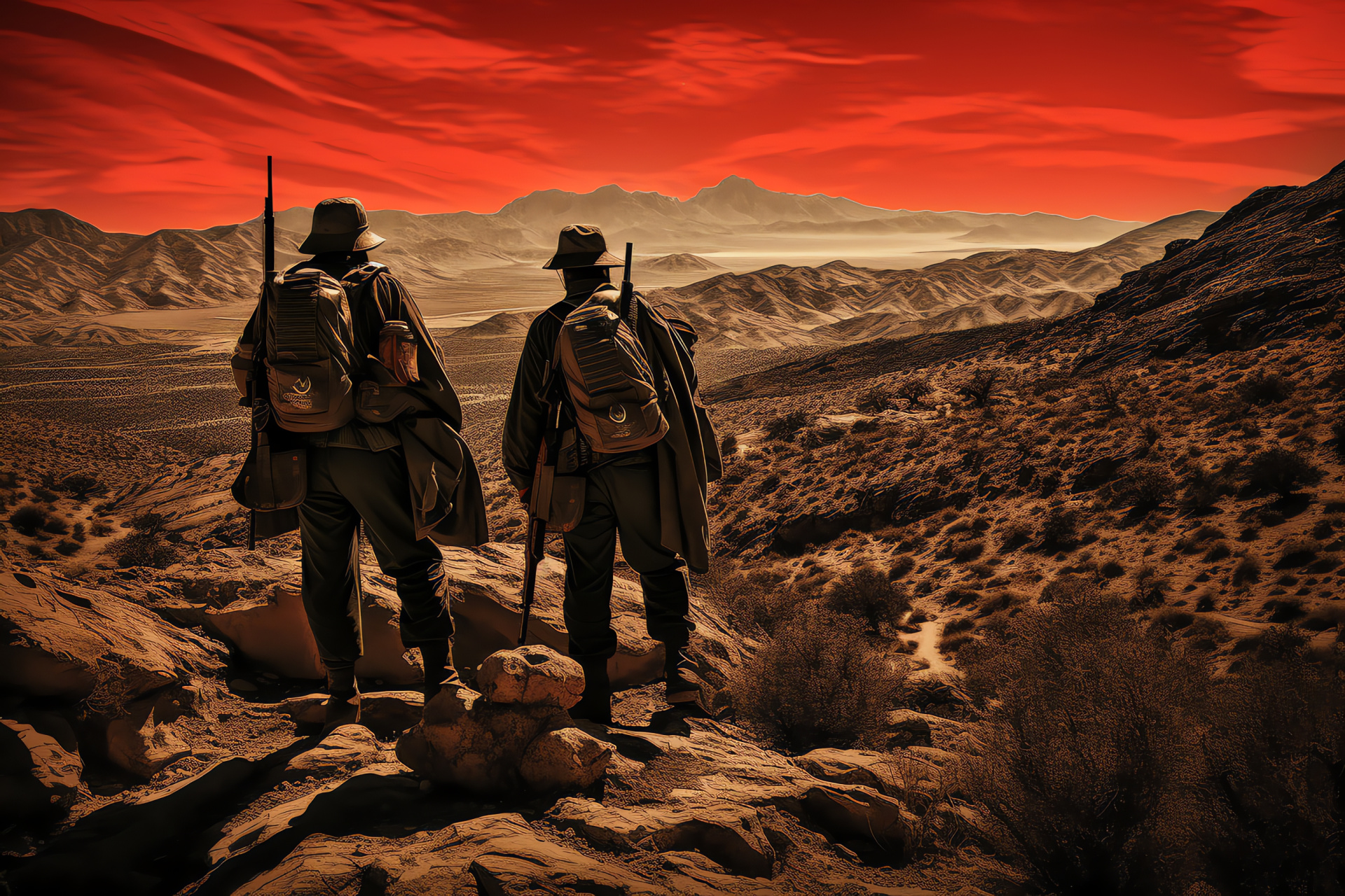 Elite NCR rangers, Devastated Divide landscape, Protective gear, Rugged terrain, Hostile environment, HD Desktop Image