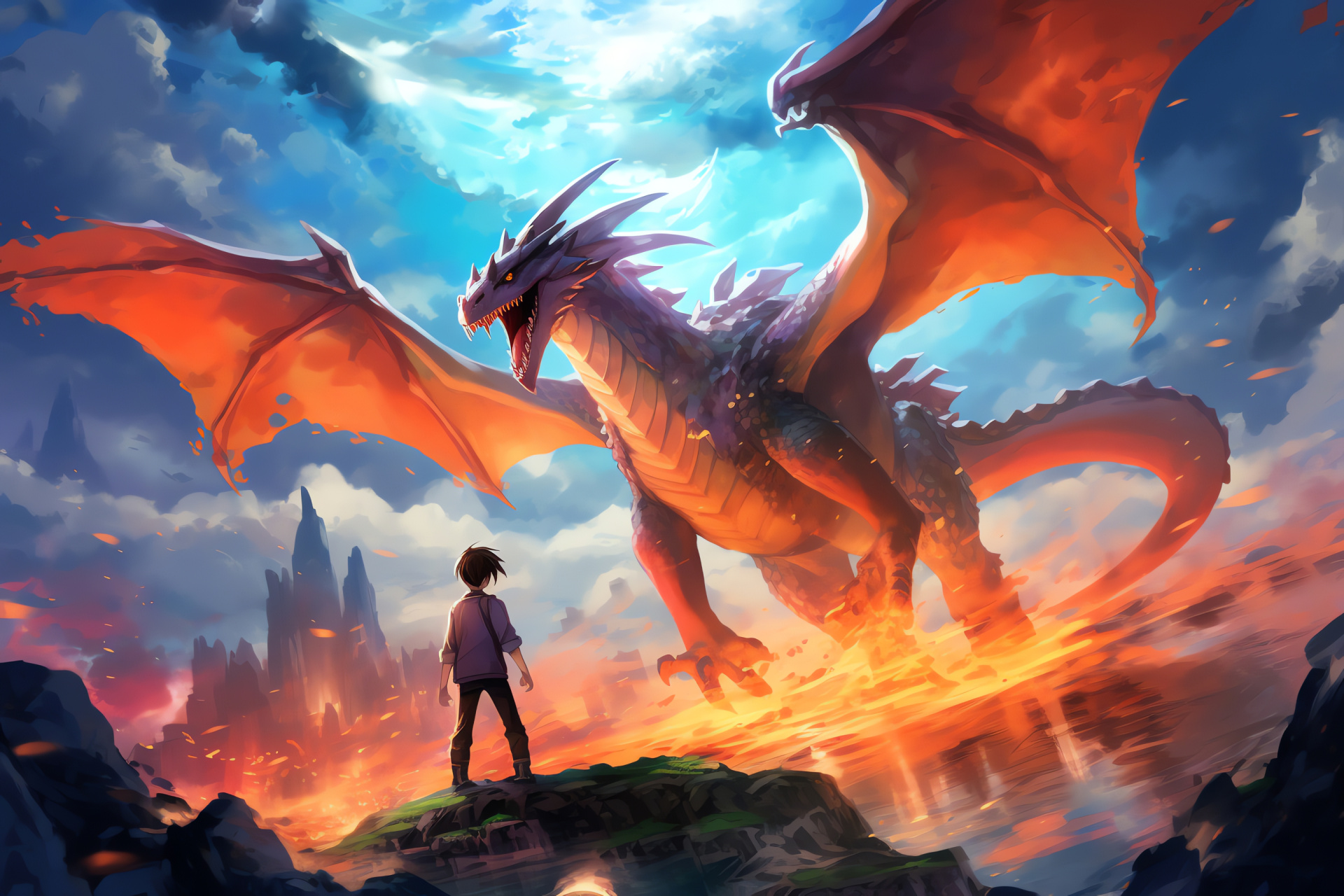 Pokemon Go strategy, Fiery Charizard companion, Dystopian artwork theme, Enigmatic isle environment, HD Desktop Wallpaper