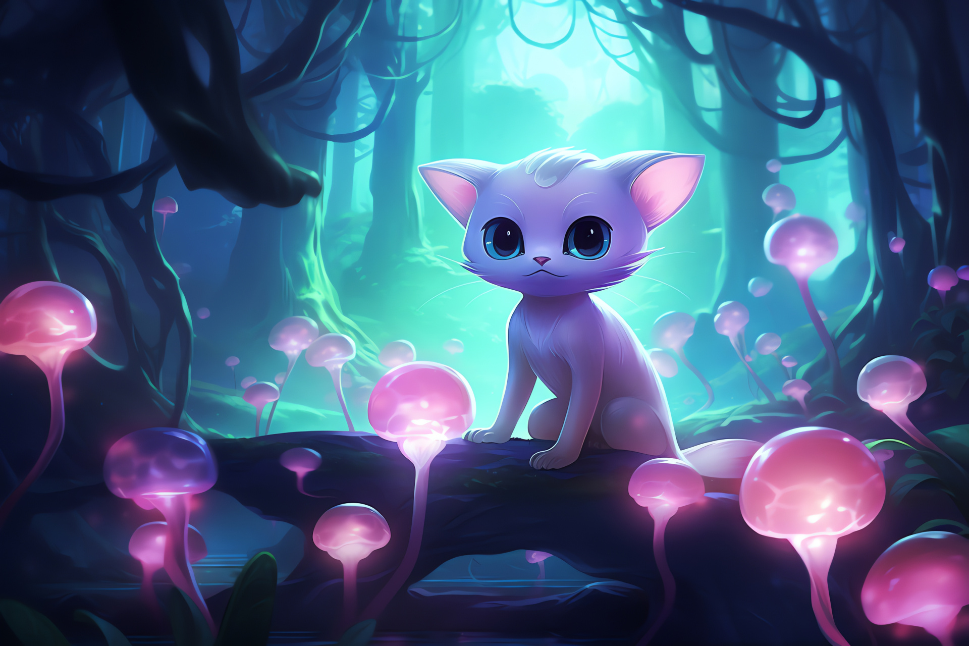 Mew, mythical Pokemon species, enchanted forest locale, lunar glow, luminescent fungi, HD Desktop Wallpaper