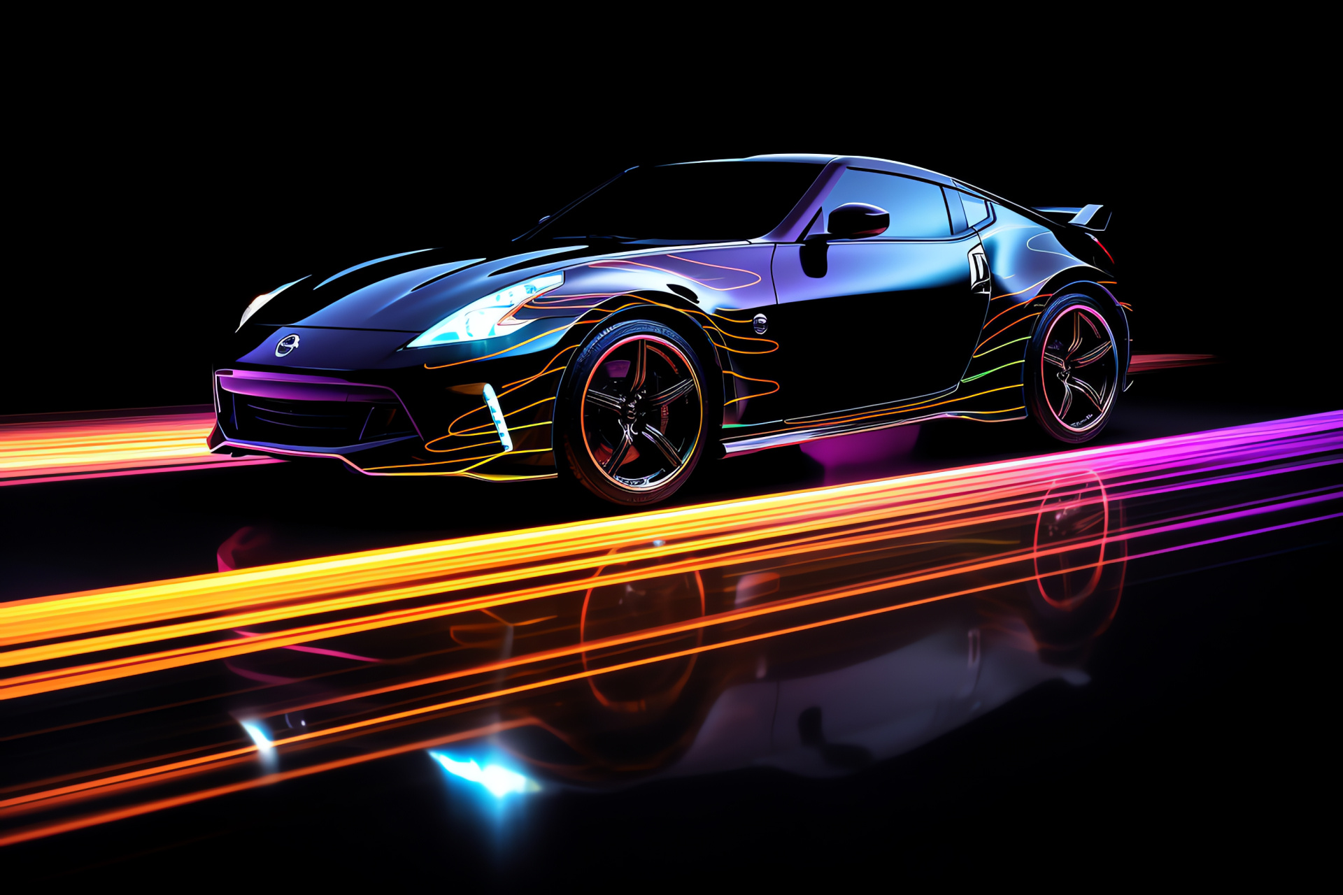 Nissan 370Z angle, Noir backdrop, Color splash, Light highlights, Modern style, HD Desktop Image