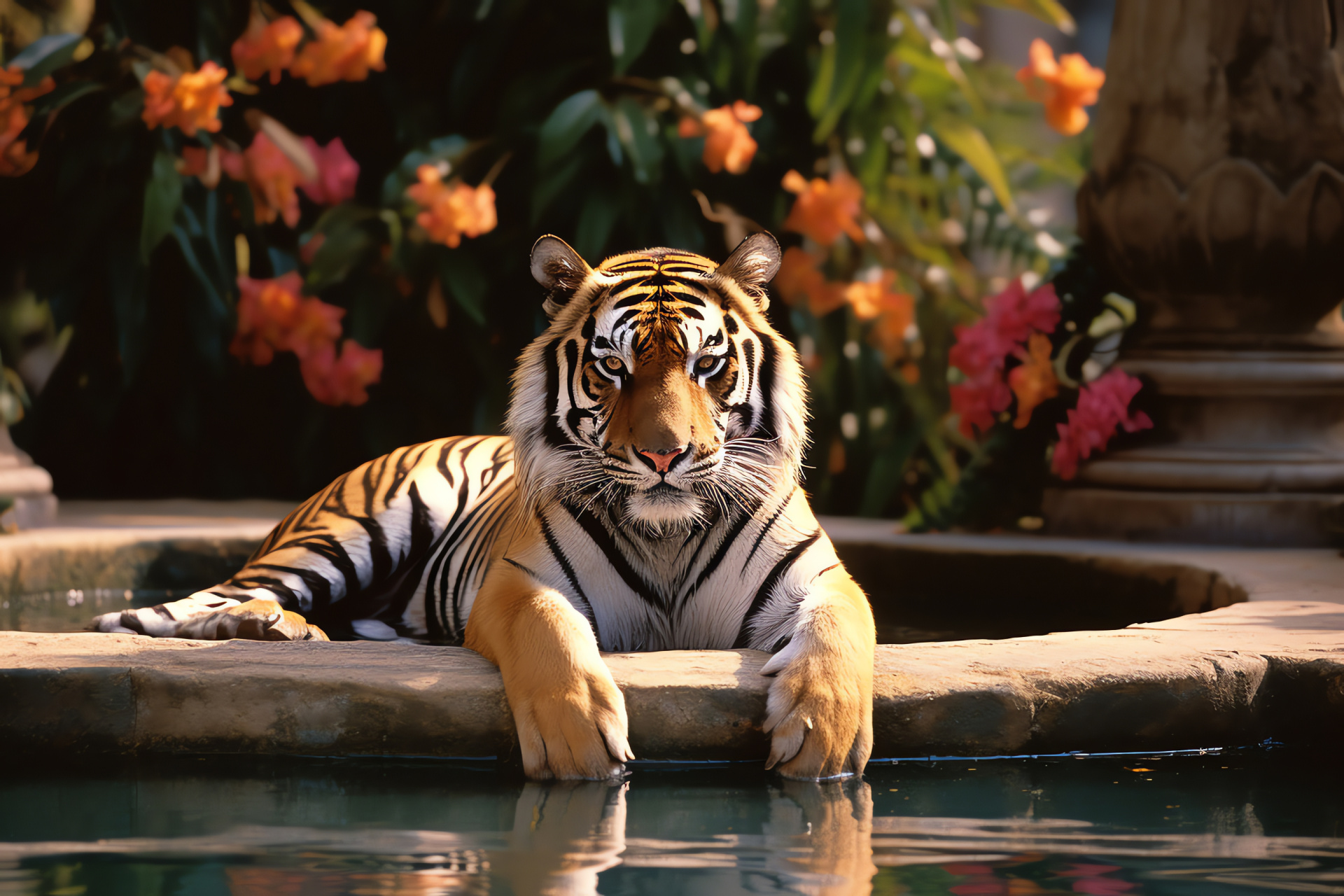 Bengal tiger habitat, Serene Indian jungle, Majestic feline pose, Reflective water body, Lush green backdrop, HD Desktop Wallpaper