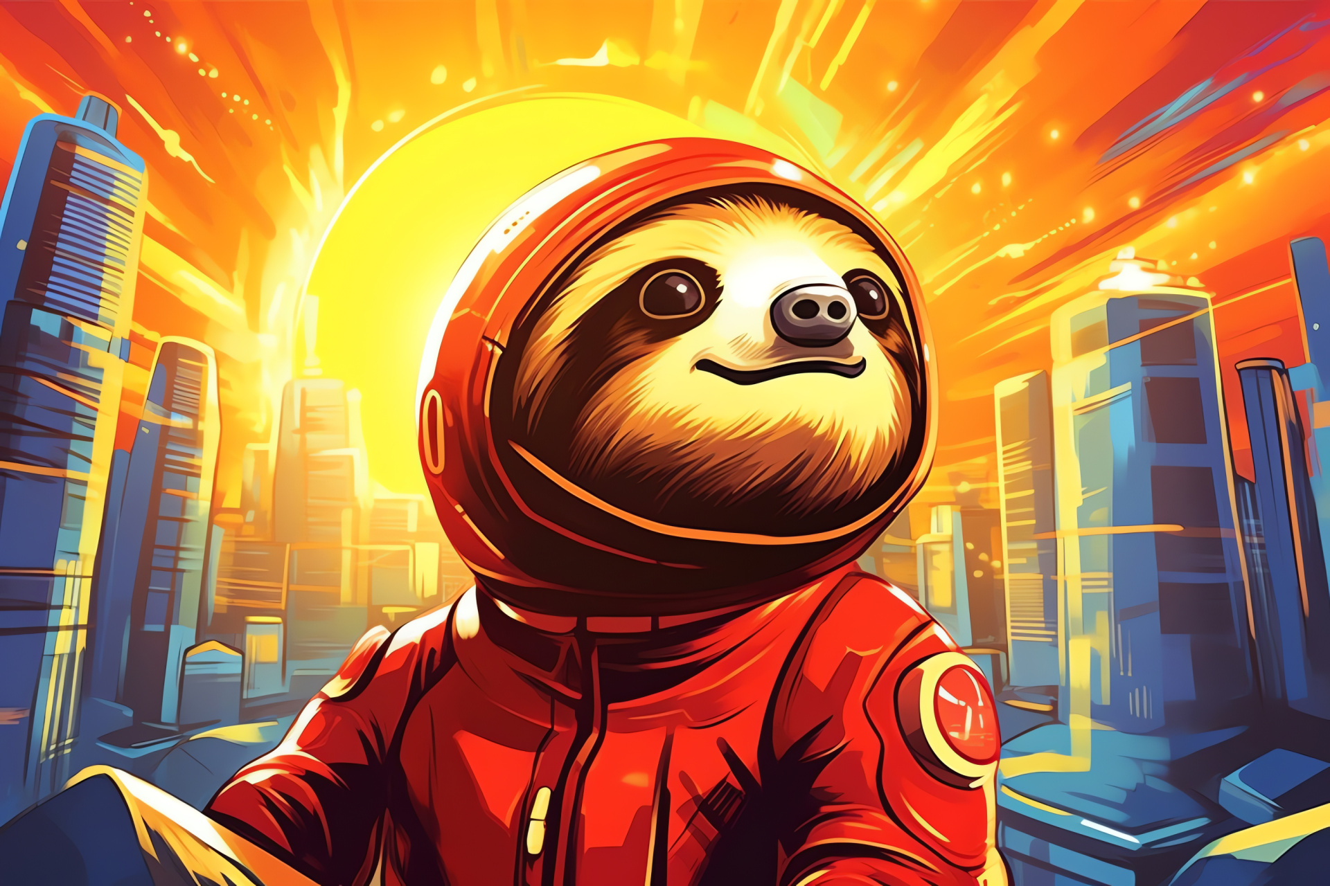 Slothstronaut adventure, Urban environment imagery, High-altitude scenario, Nighttime city lights, Red astronaut attire, HD Desktop Wallpaper