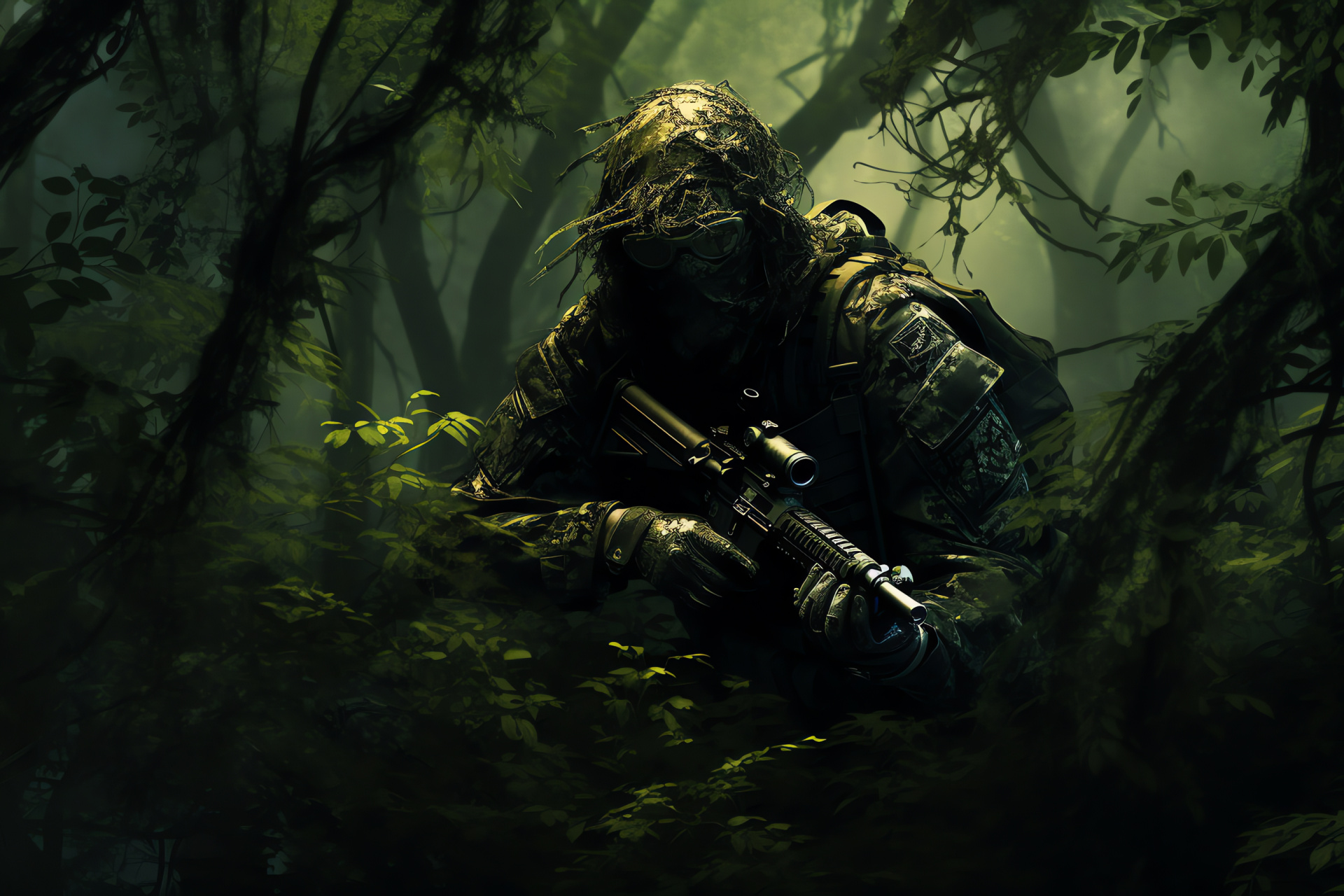 MW2 stealth marksman, Wooded camouflage, Sniper strategy, Concealed position, Hunting prey, HD Desktop Wallpaper