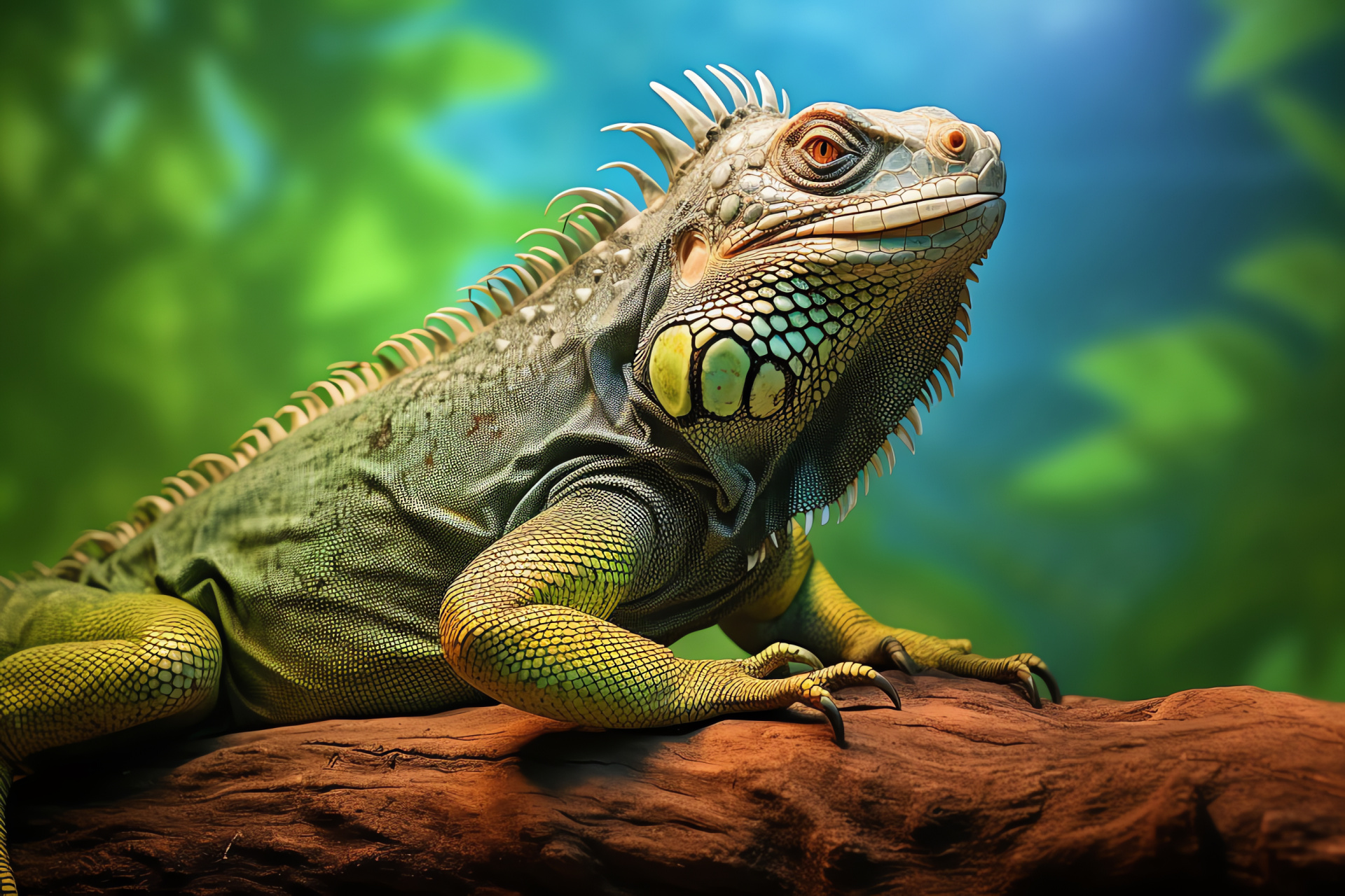 Green iguana, tropical lizard, emerald scales, gold flecks, sunlit perch, HD Desktop Wallpaper