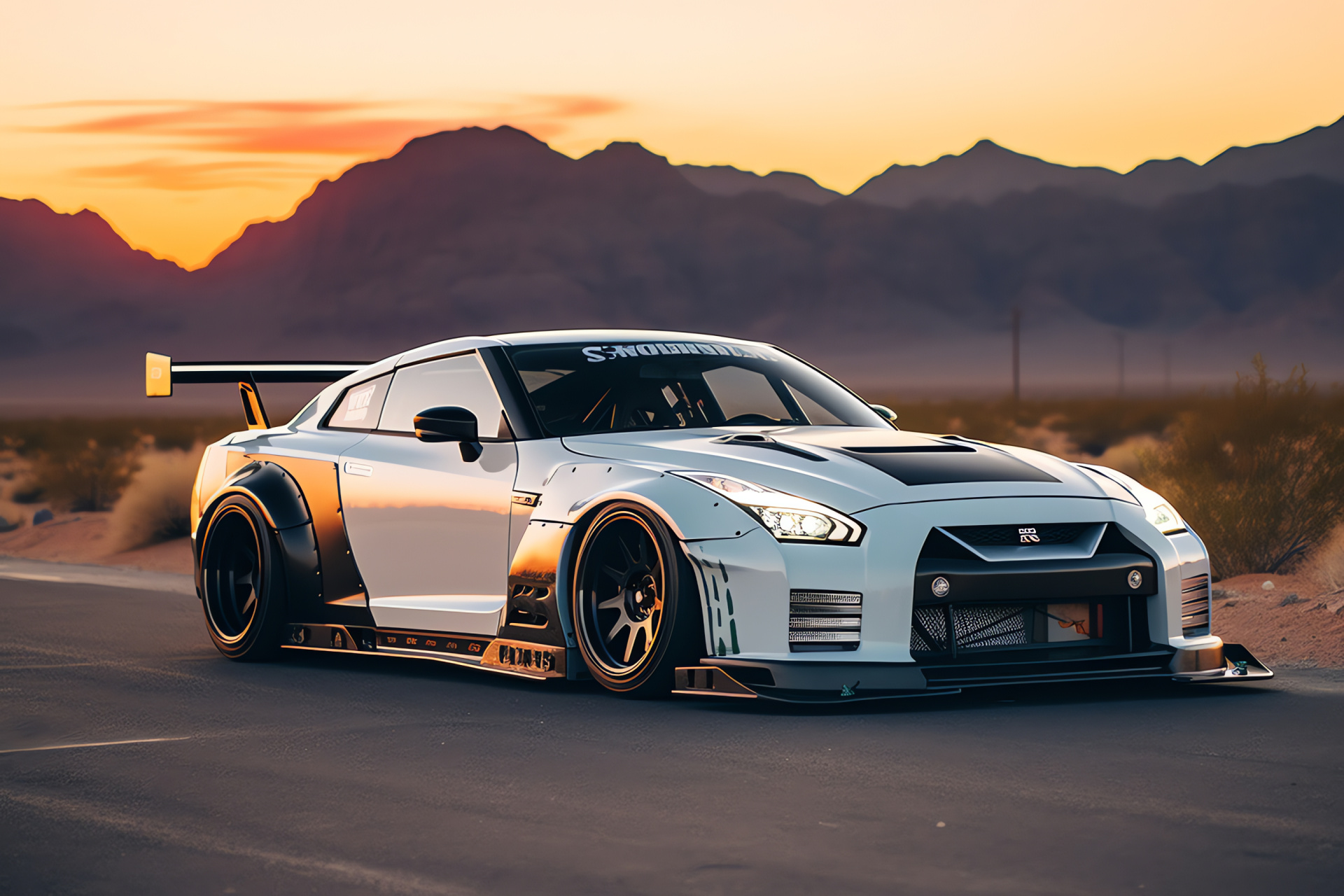 Nissan GTR Liberty Walk modifications, Route 66 journey, Enhanced automotive body, Engine growl, Dusk highway backdrop, HD Desktop Image