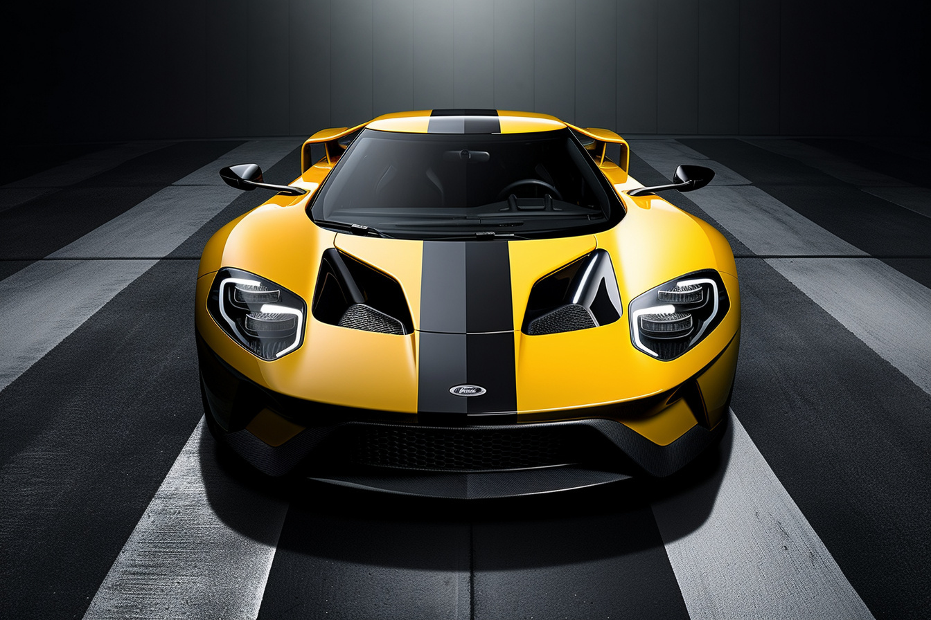 Ford GT overview, Abstract two-tone background, Automotive aerial composition, Yellow and black contrast, Performance car aesthetics, HD Desktop Wallpaper