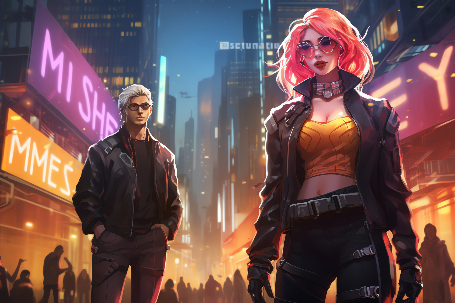 Mystic Messenger cyberspace, Urban fantasy setting, Cyberpunk gaming theme, Futuristic skyline, Interactive plot, HD Desktop Image