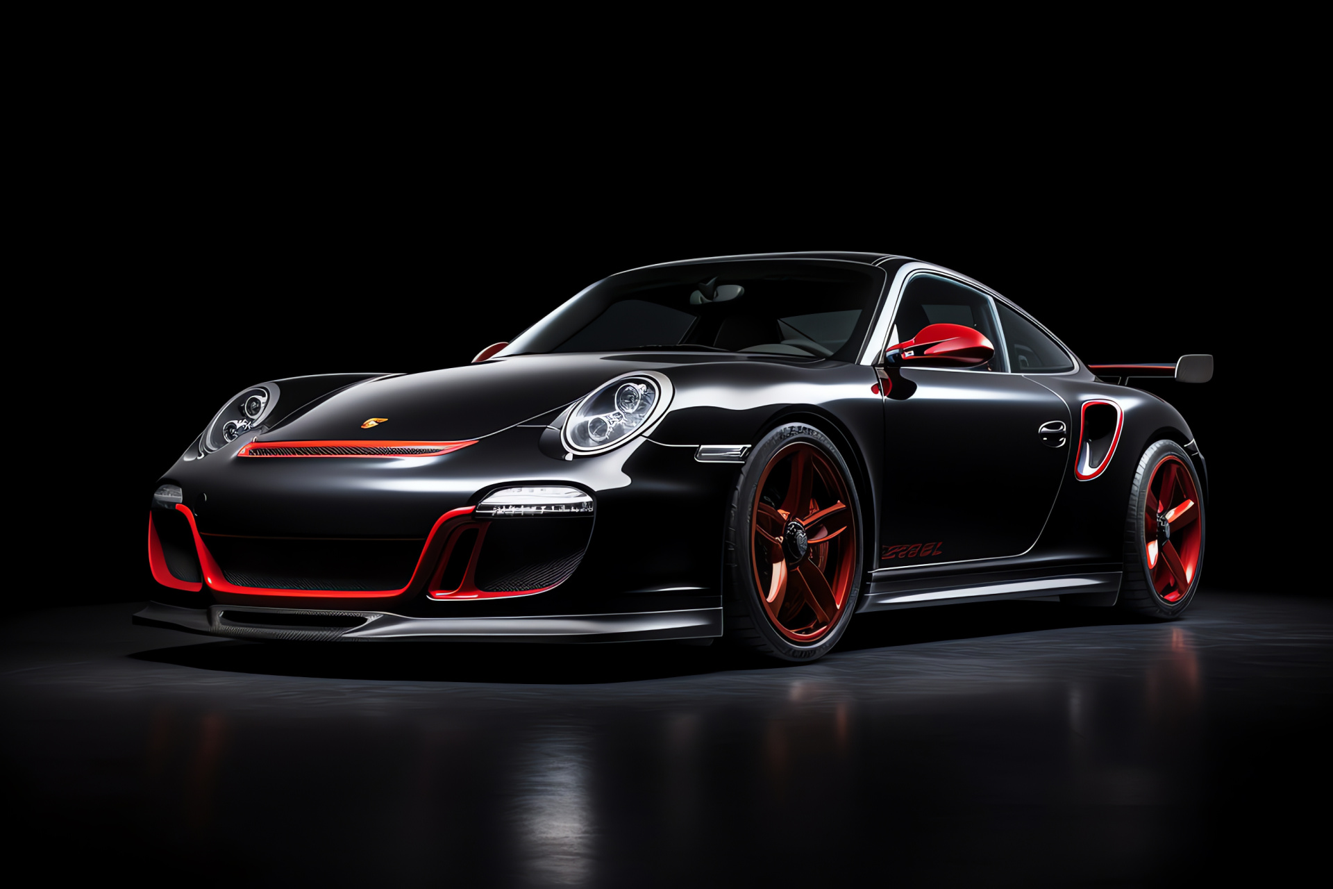 Porsche GT3 RS 4.0, GT2RS, Aerial perspective, Deep red pigment, Stark black environment, HD Desktop Image