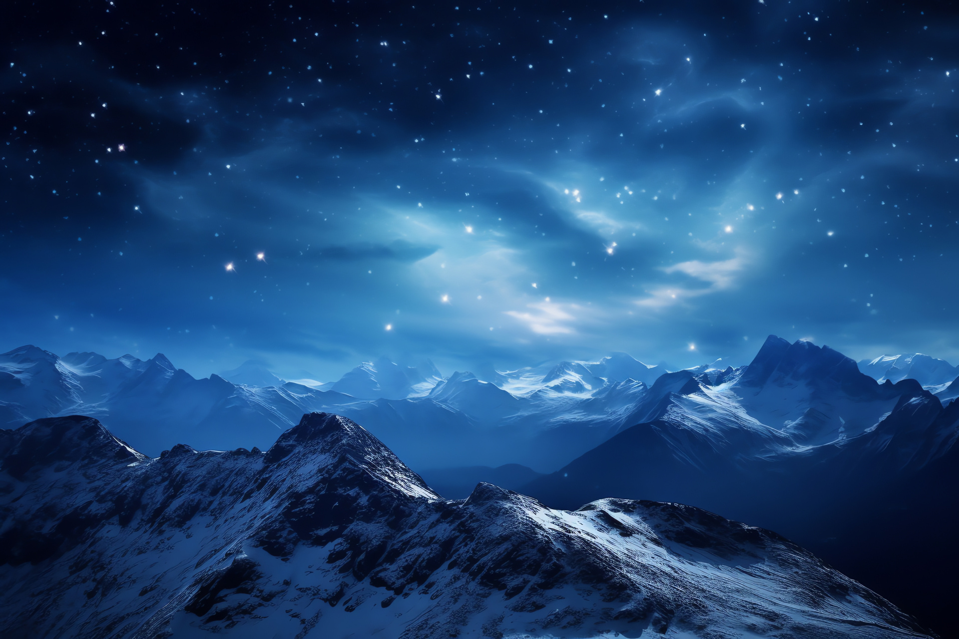 Alpine darkness, Celestial ribbon, Sapphire night, Untouched nature, Snow crests, HD Desktop Wallpaper