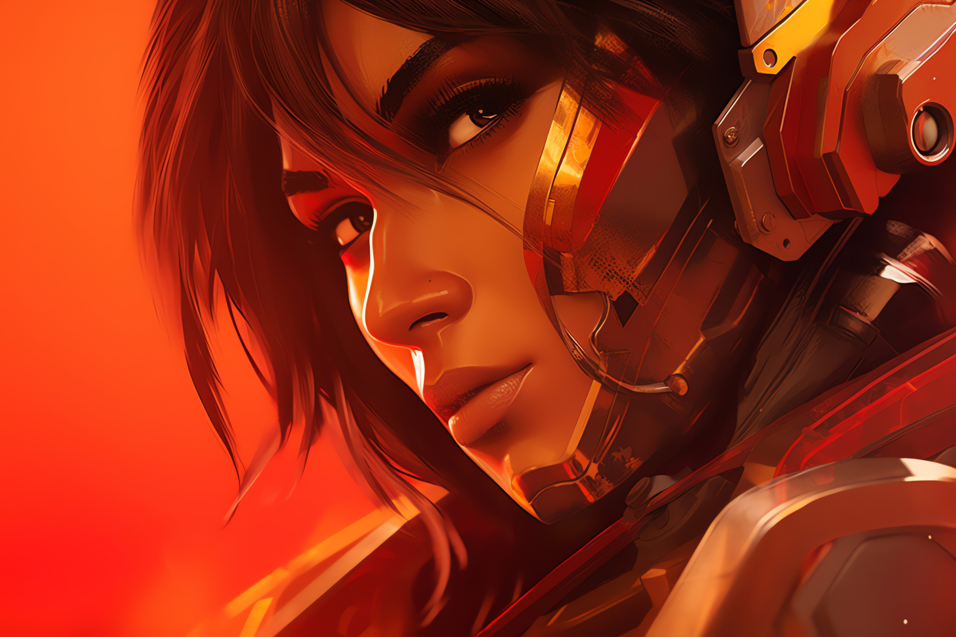 Pharah, ExoSkeleton, Pharah's gaze, Closeup, Aggressive look, HD Desktop Wallpaper