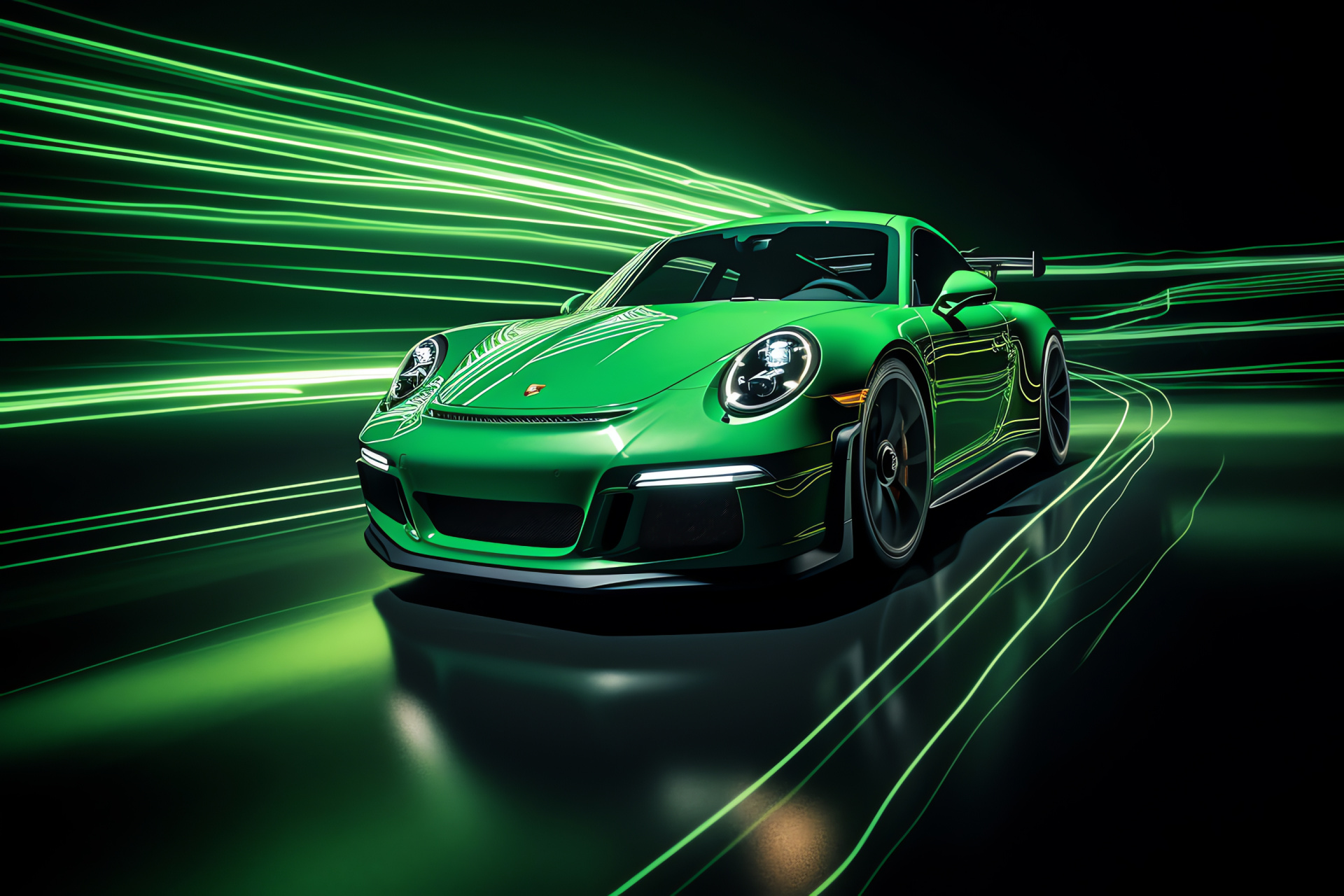 Porsche GT3 GT4, Vibrant green finish, Glowing line design, Broad view display, Sports car impact, HD Desktop Image