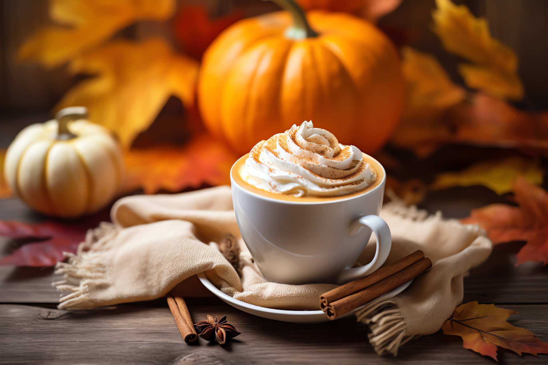 Seasonal beverage, cozy accessory, fall decor, satisfying flavors, aromatic delight, HD Desktop Image