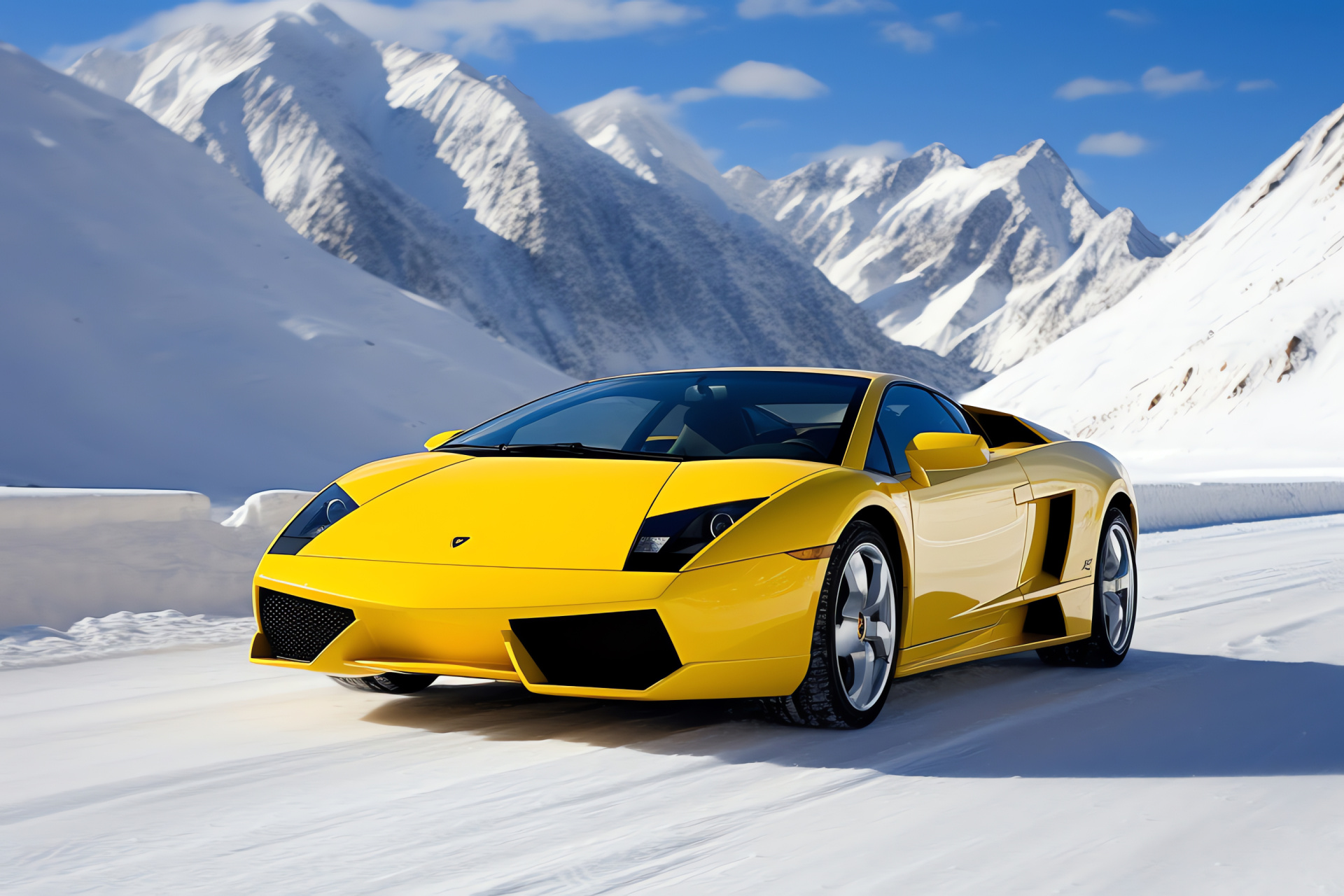 Yellow Lamborghini Murcielago, Dynamic LP640, Alpine route of Stelvio Pass, Italian sports car, Vivid automobile paint, HD Desktop Wallpaper