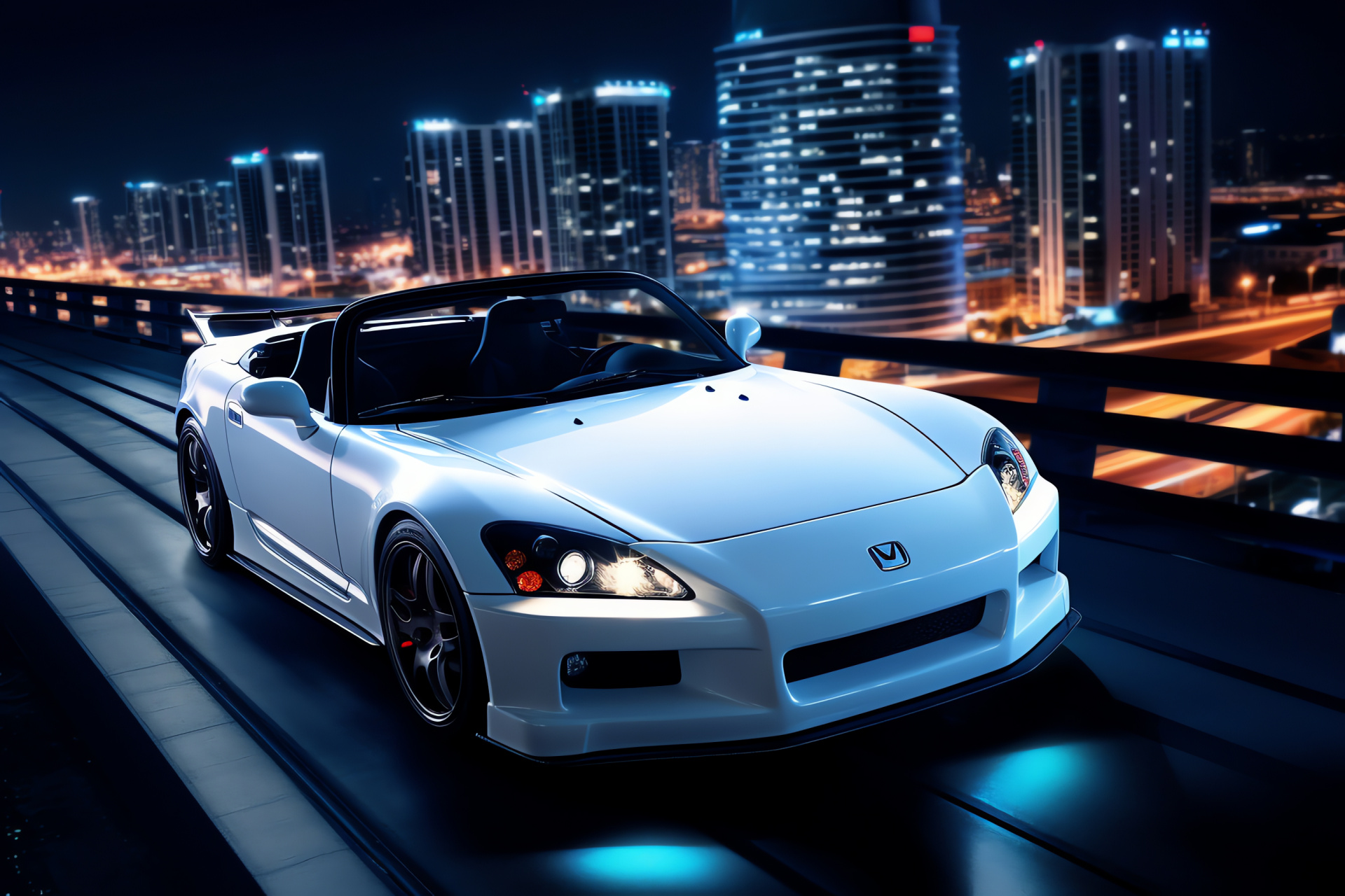 Futuristic Honda S2000, CR-X EVX, Metropolitan skyline, Sleek aesthetic, Enthralling illumination, HD Desktop Image