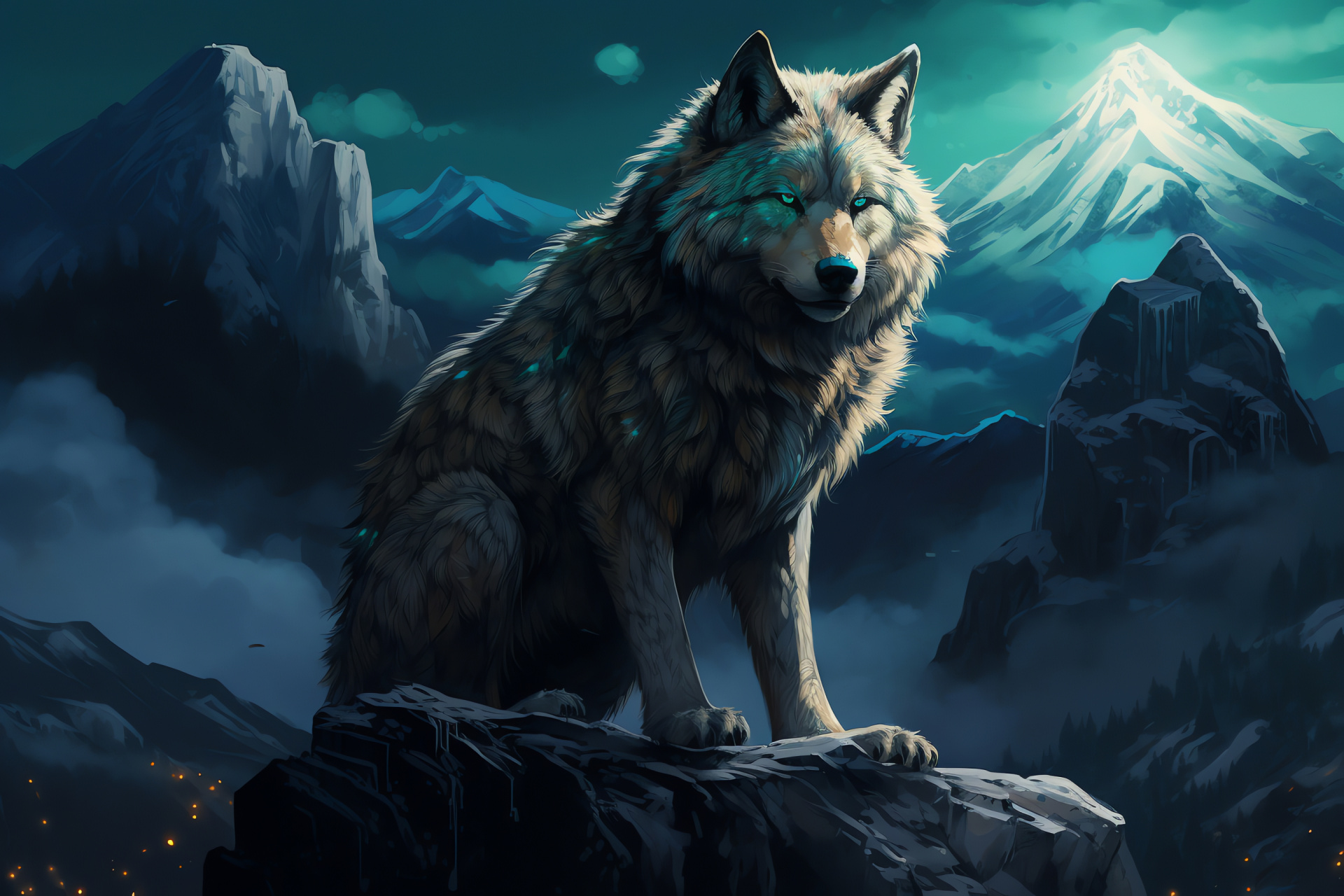 Nocturnal wolf, wildlife predator, lupine creature, moonlit habitat, mountain topography, HD Desktop Image