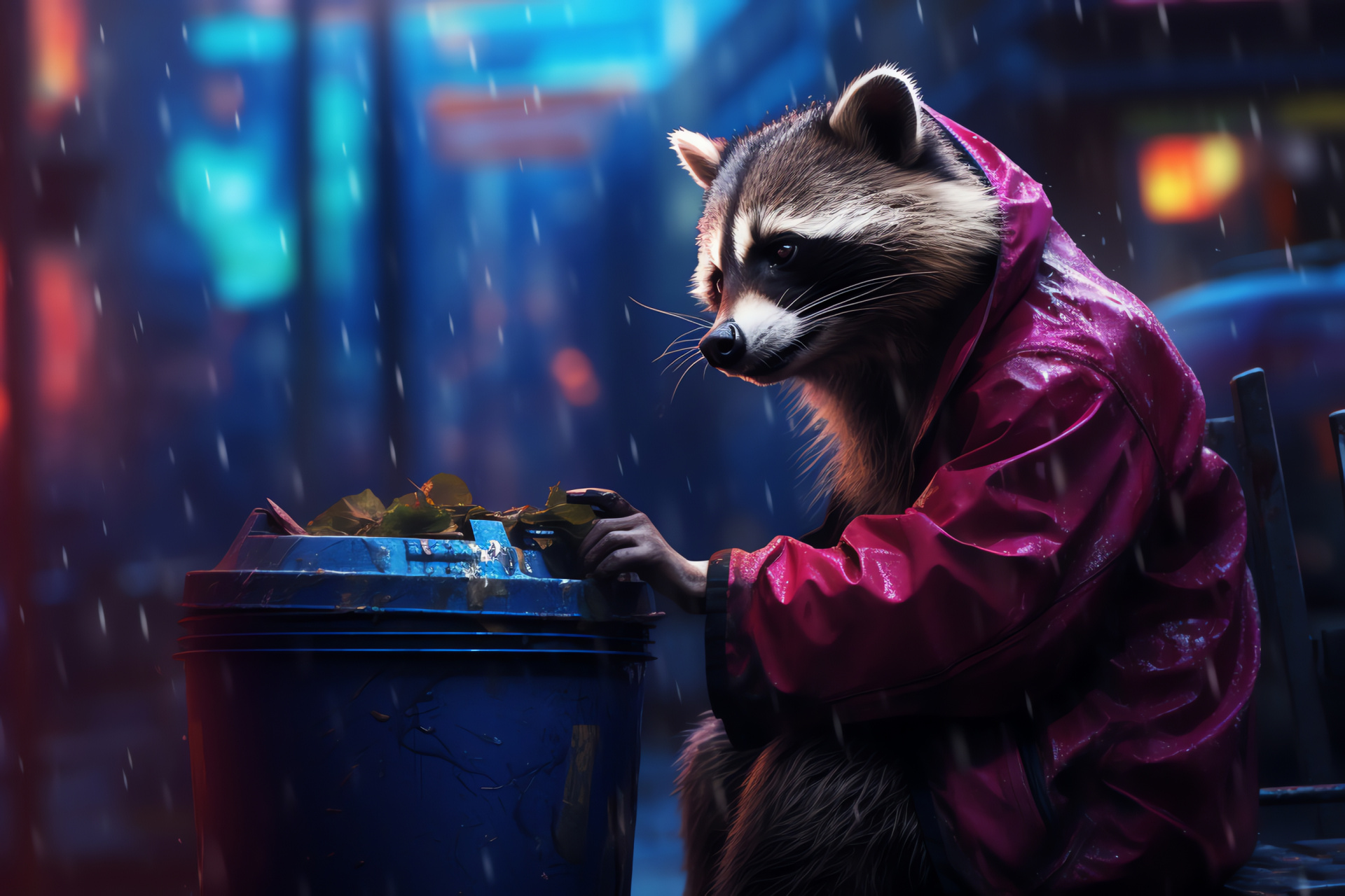 Procyon lotor, grizzled pelt, cunning look, urban waste receptacle, city living area, HD Desktop Image