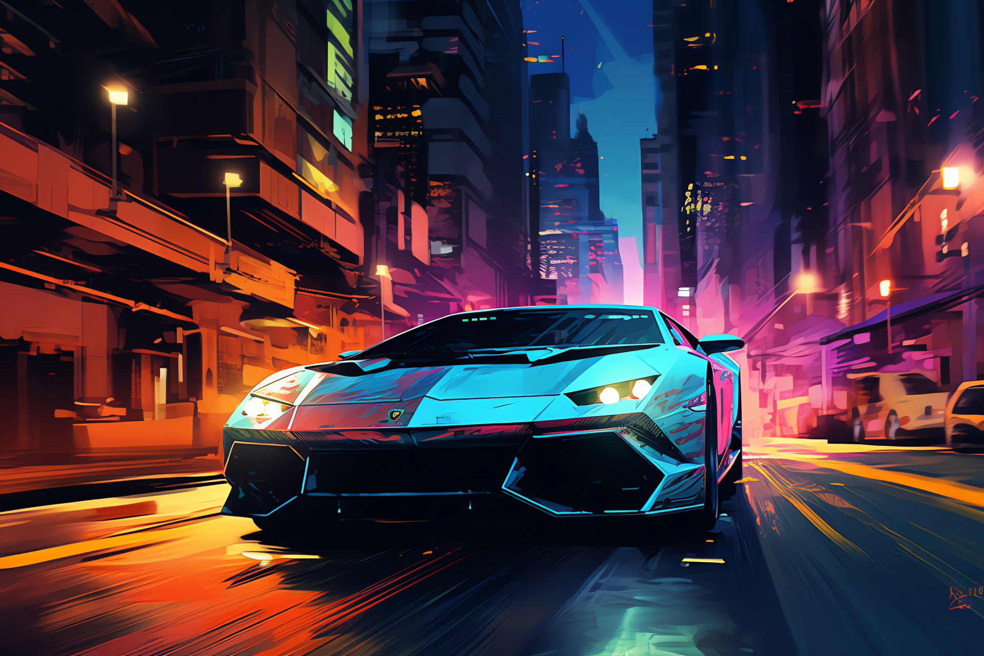 Murcielago street style, Futuristic city envisioning, Urban neon illumination, Cyberpunk influences, Metropolitan vibe, HD Desktop Image