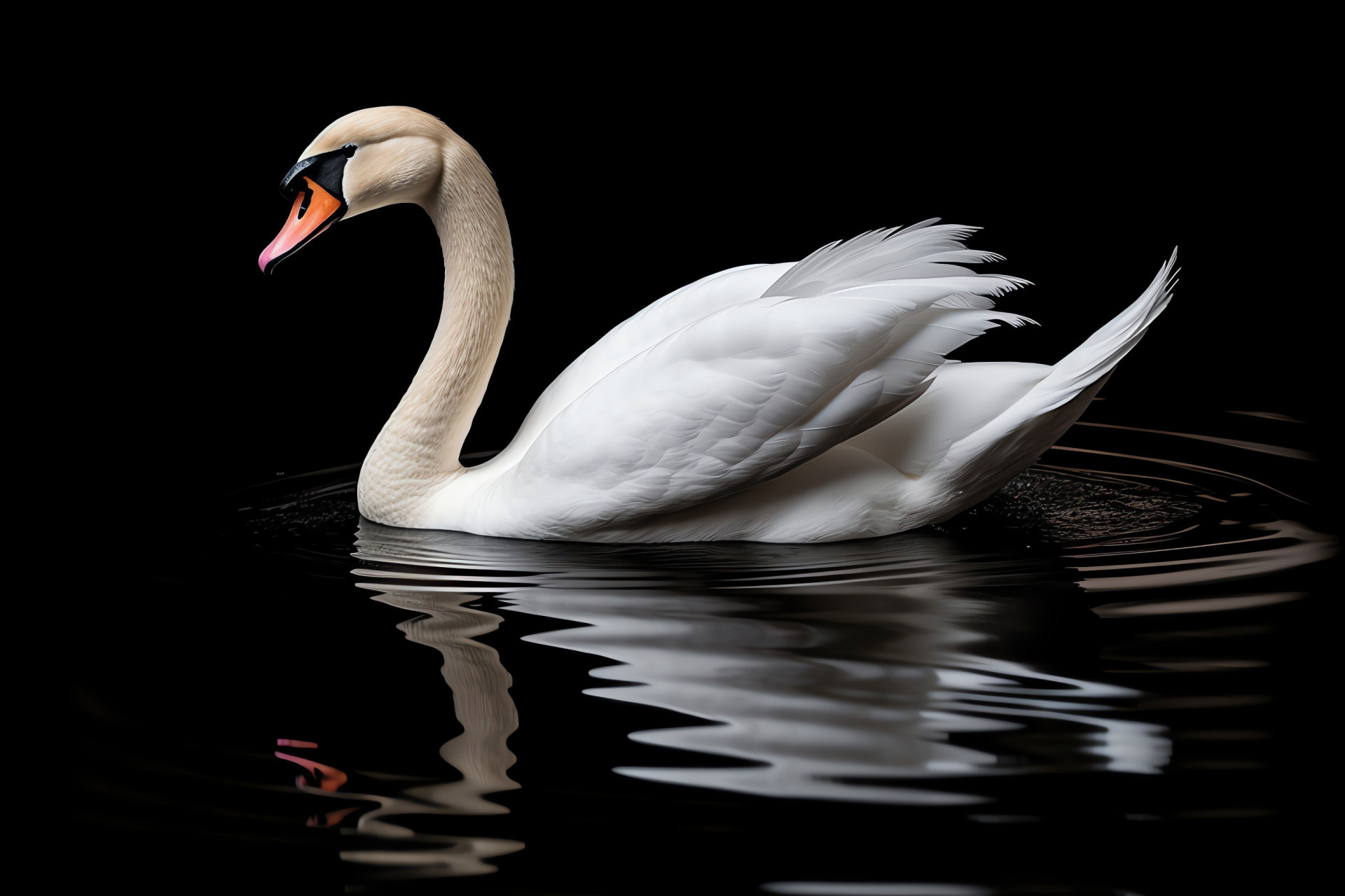 Swan in habitat, Waterbird elegance, Peaceful water feature, Plume texture detail, Contrast backdrop, HD Desktop Wallpaper