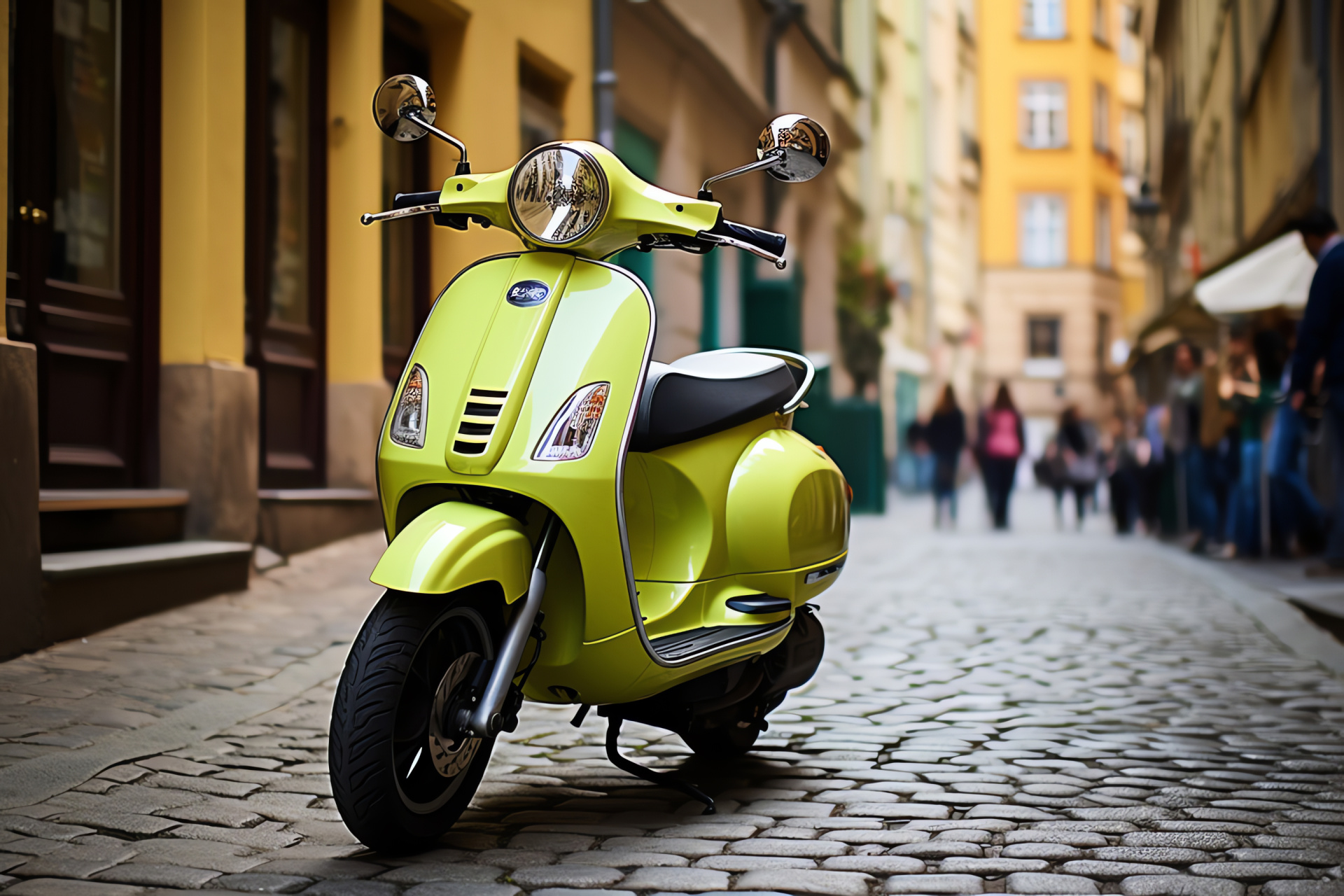 Vespa scooter, Prague urban scene, Traditional costume, Czech heritage, Colorful street vista, HD Desktop Image