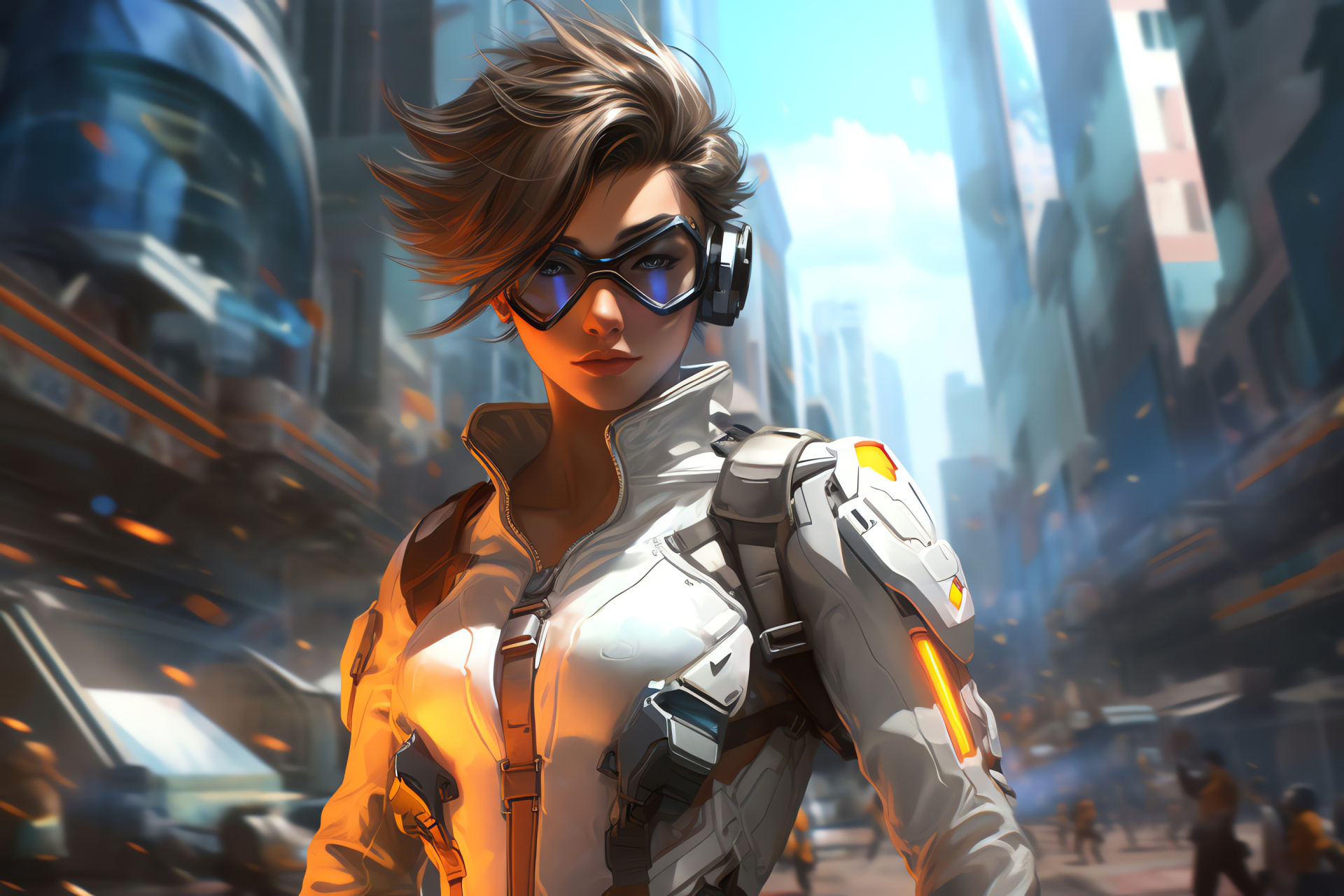 Swift Tracer, Overwatch gameplay, Speeding champion, Tech-forward cityscape, Middle Eastern luxury spot, HD Desktop Wallpaper