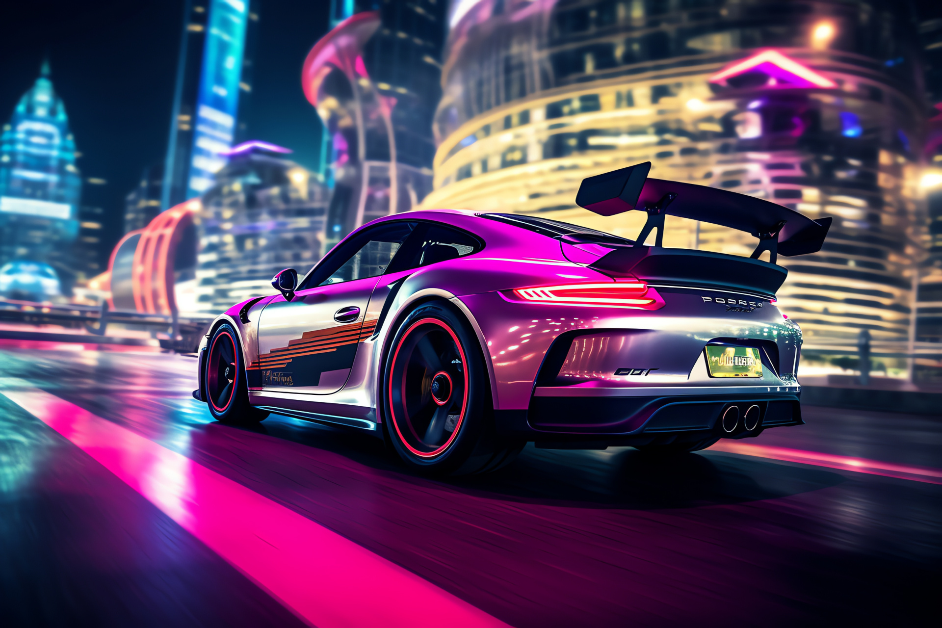 Porsche 911 GT3 Clubsport, Dubai skyline, Luxury urban speed, High-rise backdrop, Illuminated night drive, HD Desktop Image