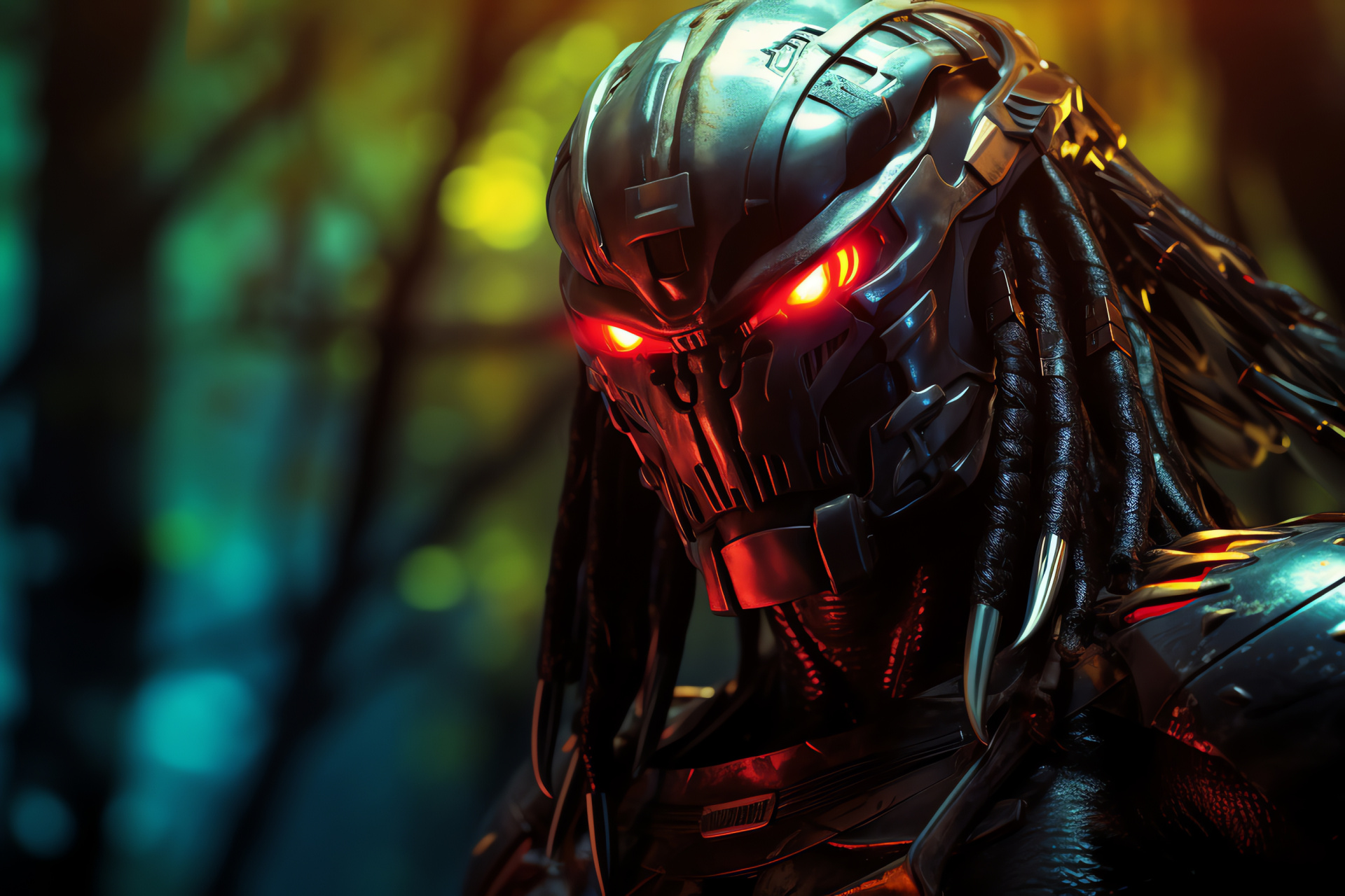 Predator figure, Sci-fi villain, Sharp mandibles, Menacing yellow eyes, Dark extraterrestrial armor, HD Desktop Image