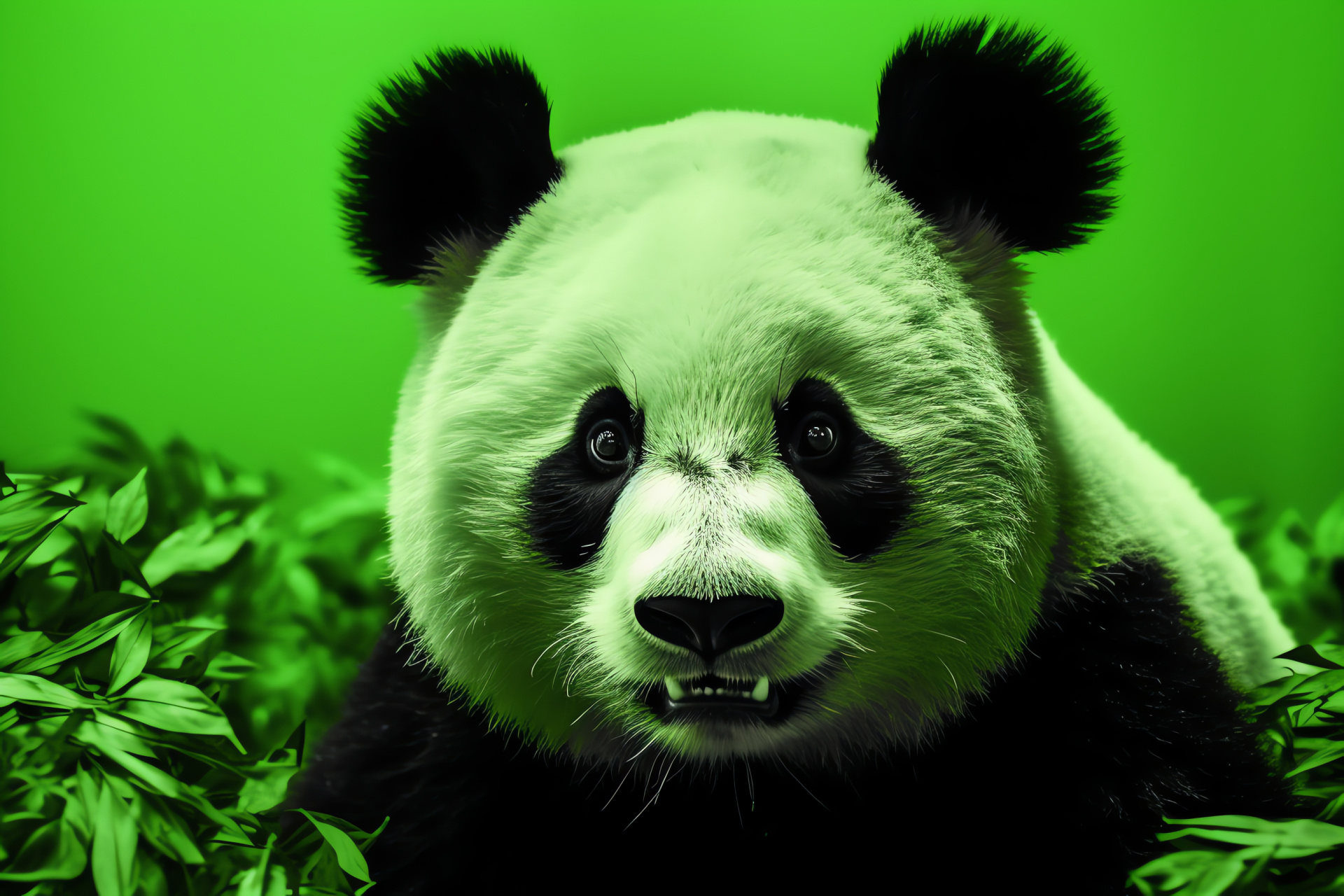 Panda Bear portrait, Panda closeup, Endangered animal, Bamboo muncher, Green background, HD Desktop Image