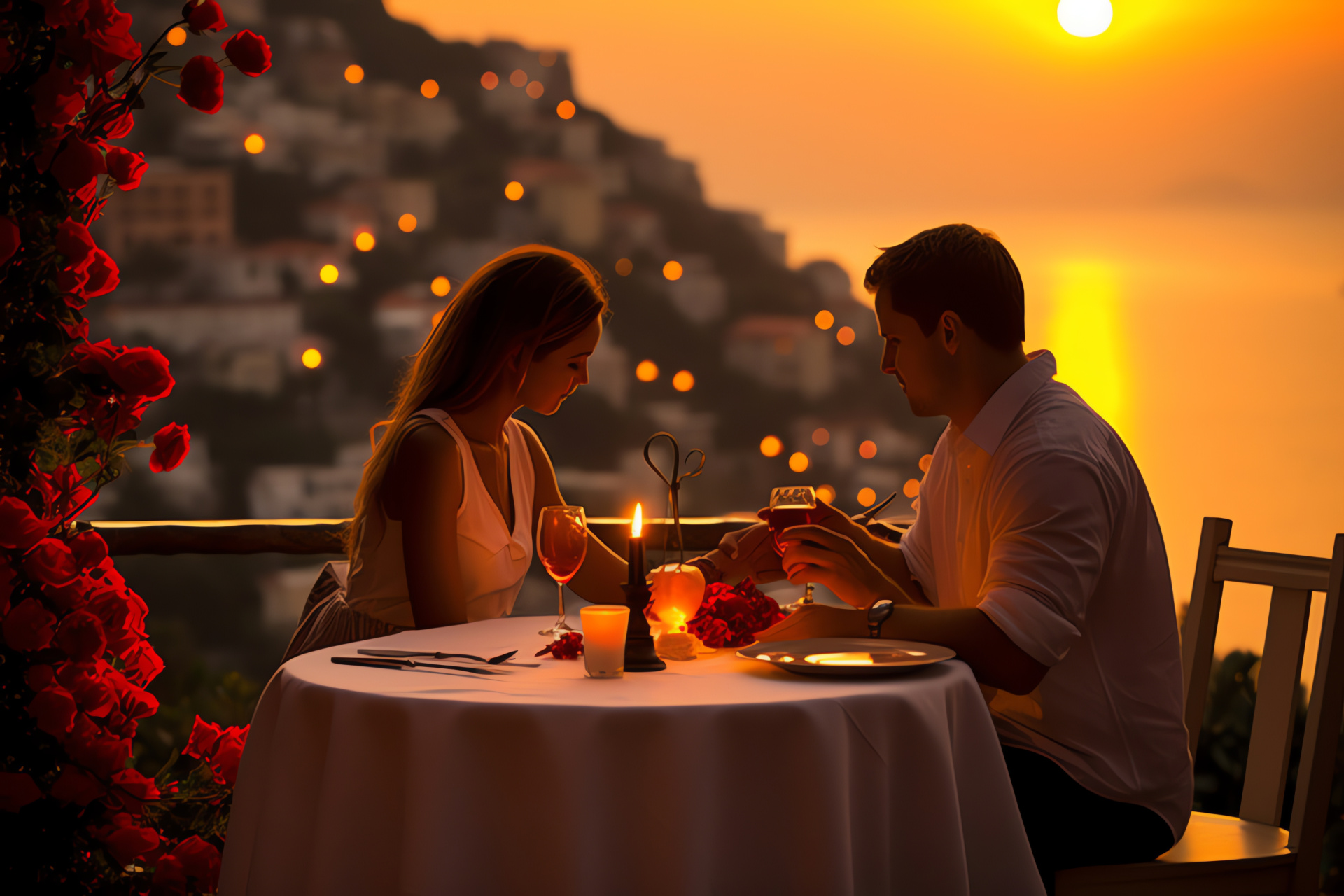 Symbol of love, enamored pair, elegant feast, seaside structure, Italian Riviera, HD Desktop Image