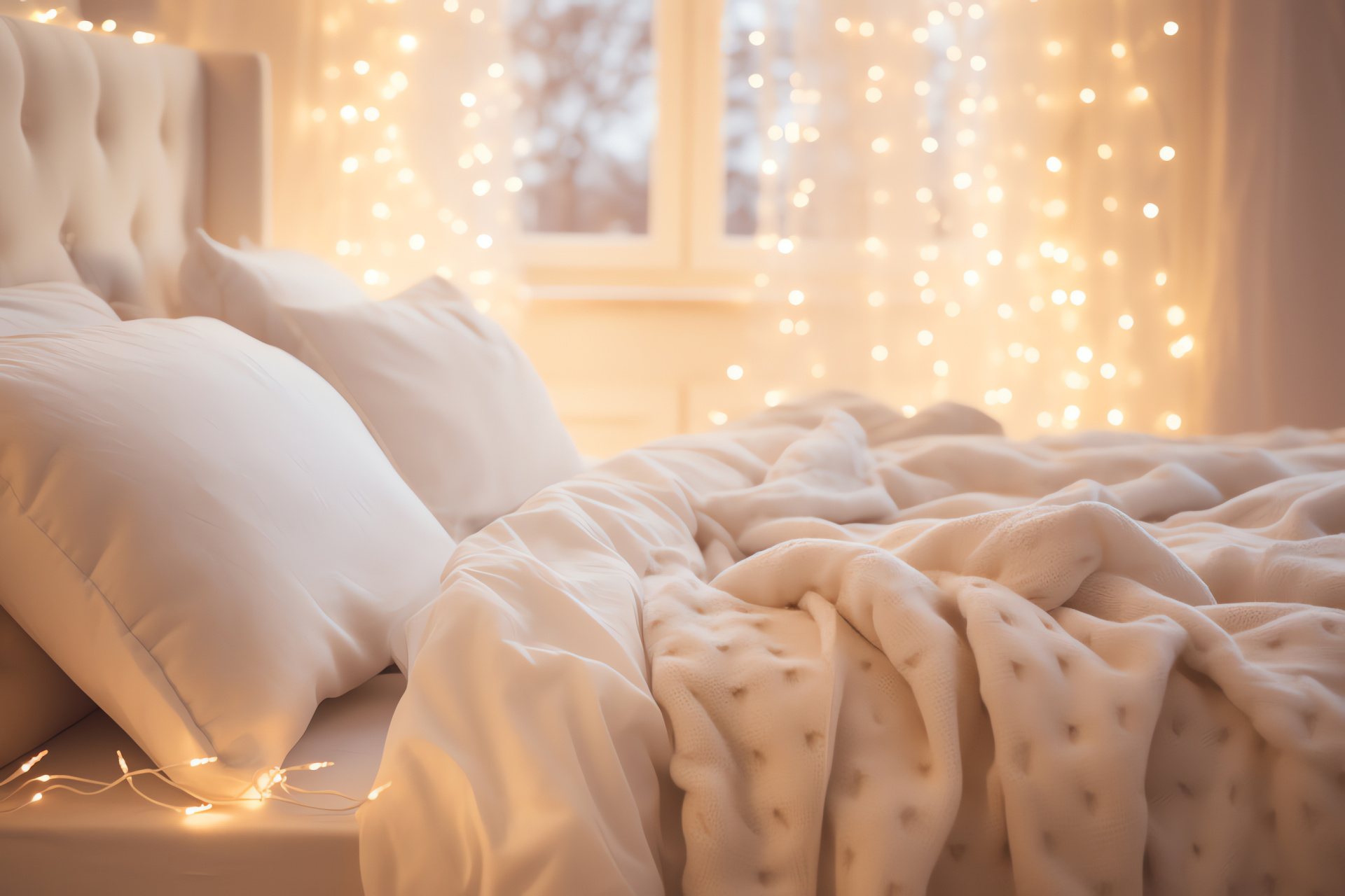 Intimate space, Festive string lights, Bedroom decor, Enchanting ambiance, Tender mood, HD Desktop Image