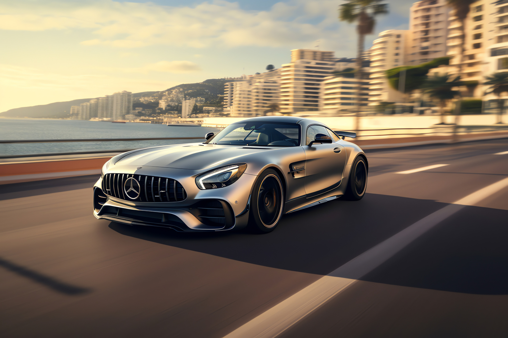 Mercedes-AMG high-end model, Coastal France setting, Luxurious vehicle shine, Scenic oceanside driving, HD Desktop Image