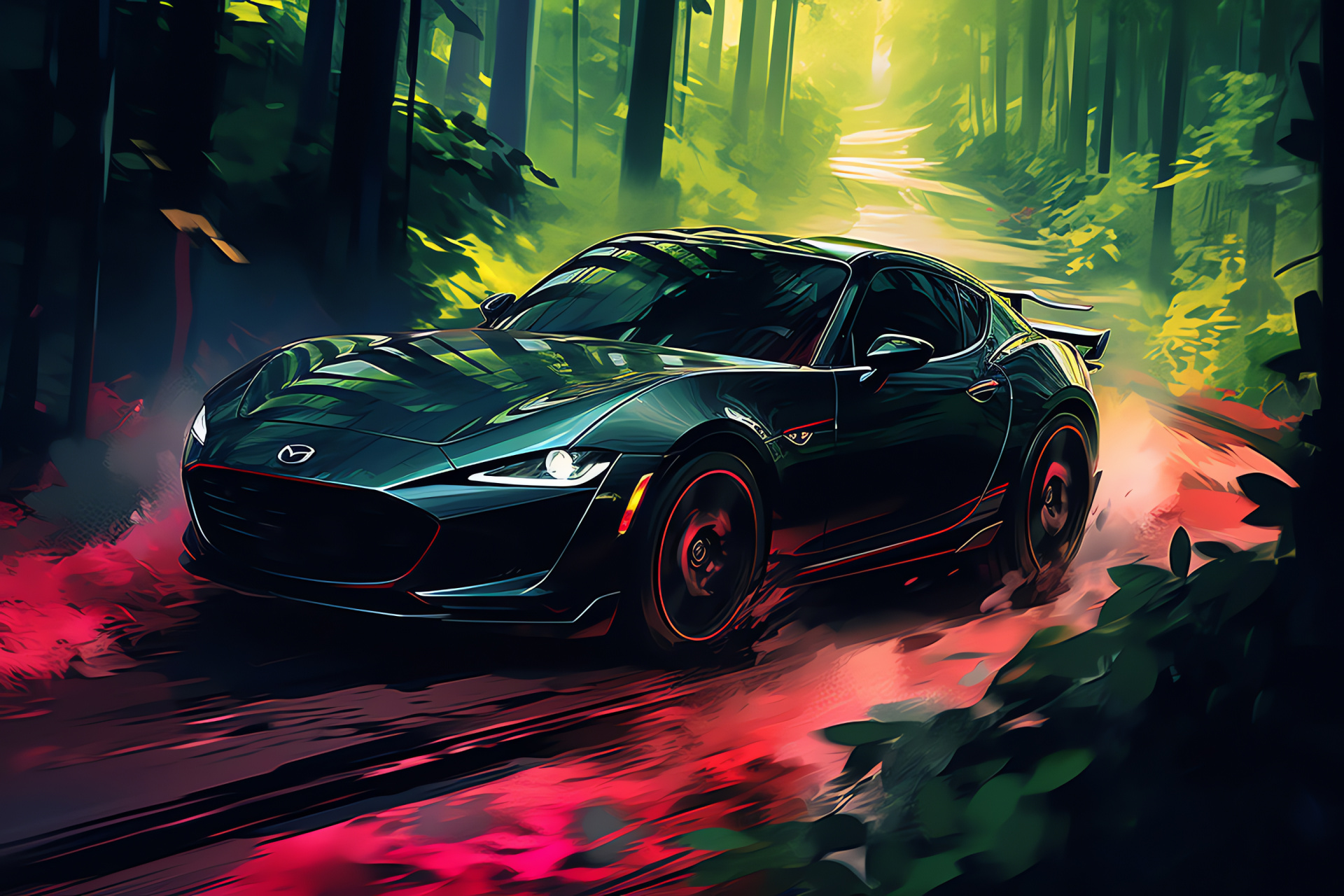 Mazda RX8 forest setting, Aerial vehicle view, Greenery backdrop, Sports car display, Mazda design, HD Desktop Image